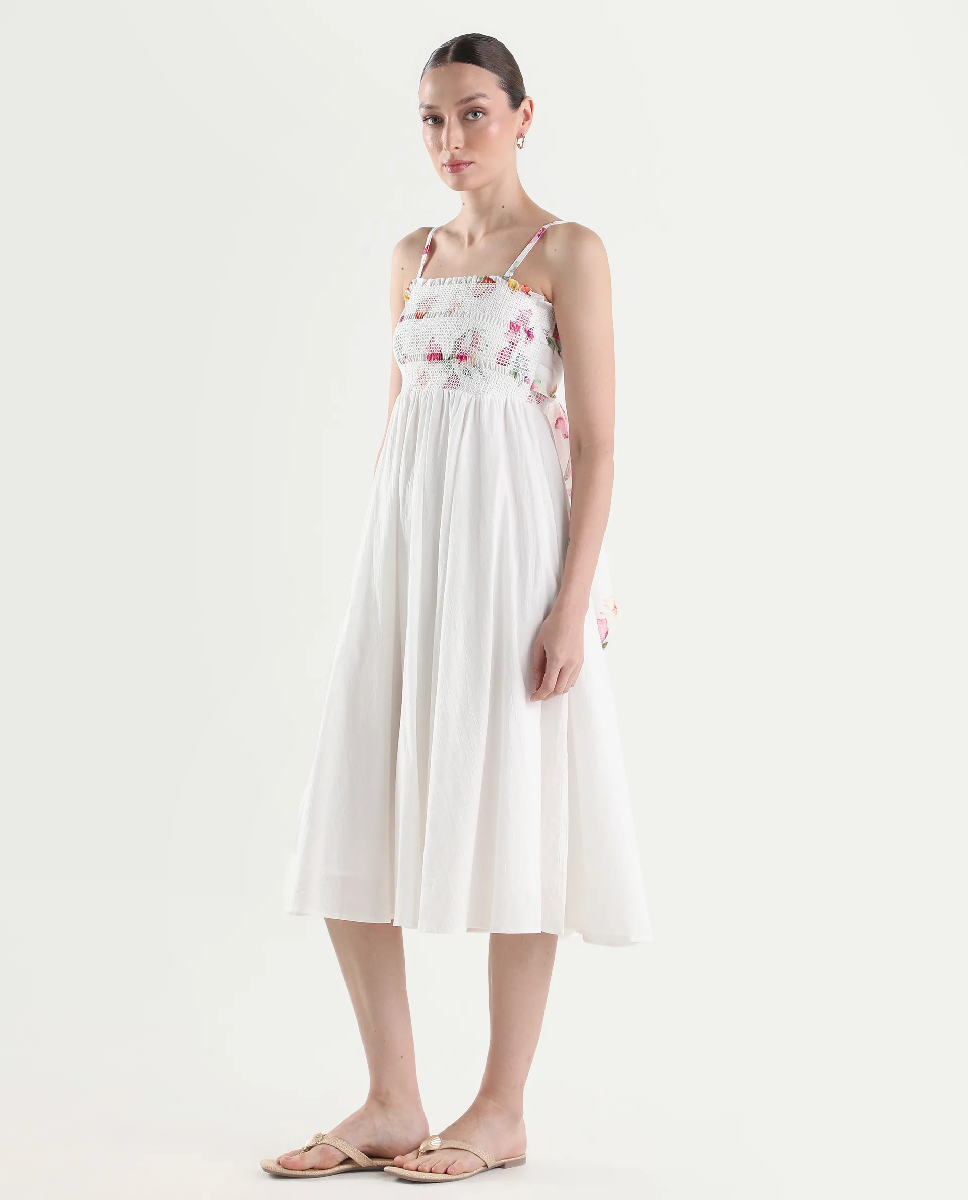 Rareism Women's Ceana Off White Cotton Sleeveless Fit And Flare Floral Print Dress - Image 7