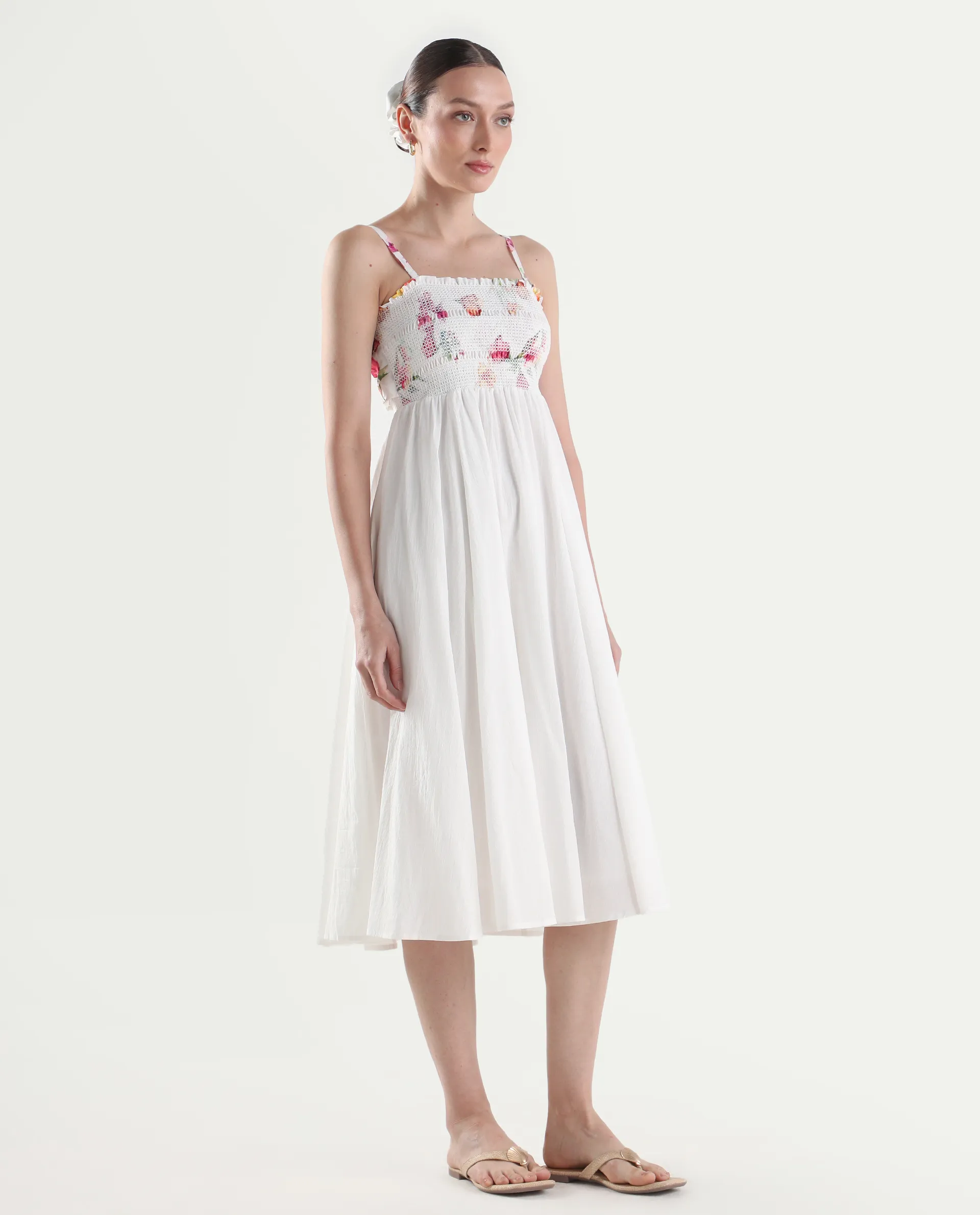 Rareism Women's Ceana Off White Cotton Sleeveless Fit And Flare Floral Print Dress - Image 8