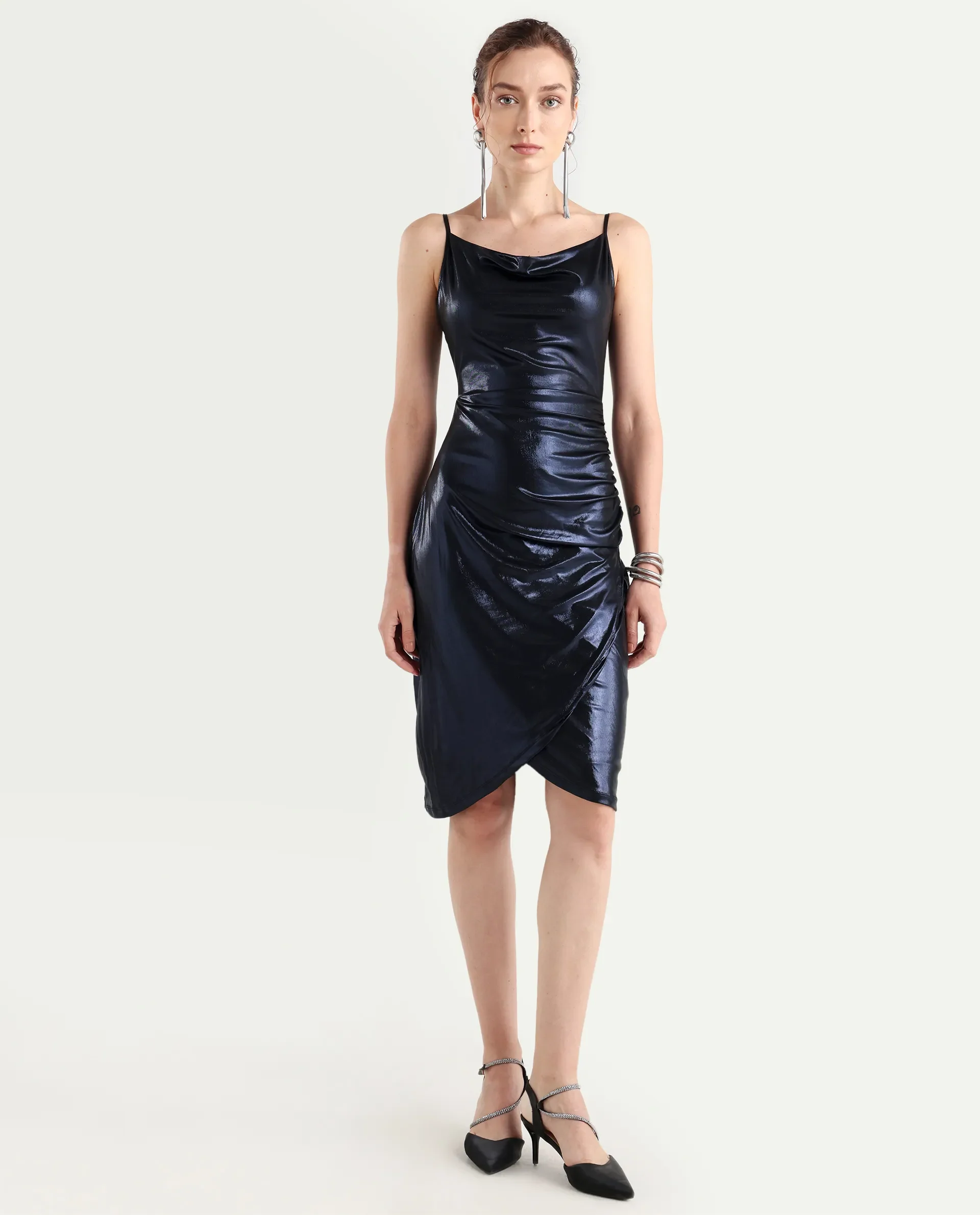 Rareism Women's Cebu Metallic Blue Polyester Cowl Neck Plain Sleeveless Midi Fitted Dress - Image 3