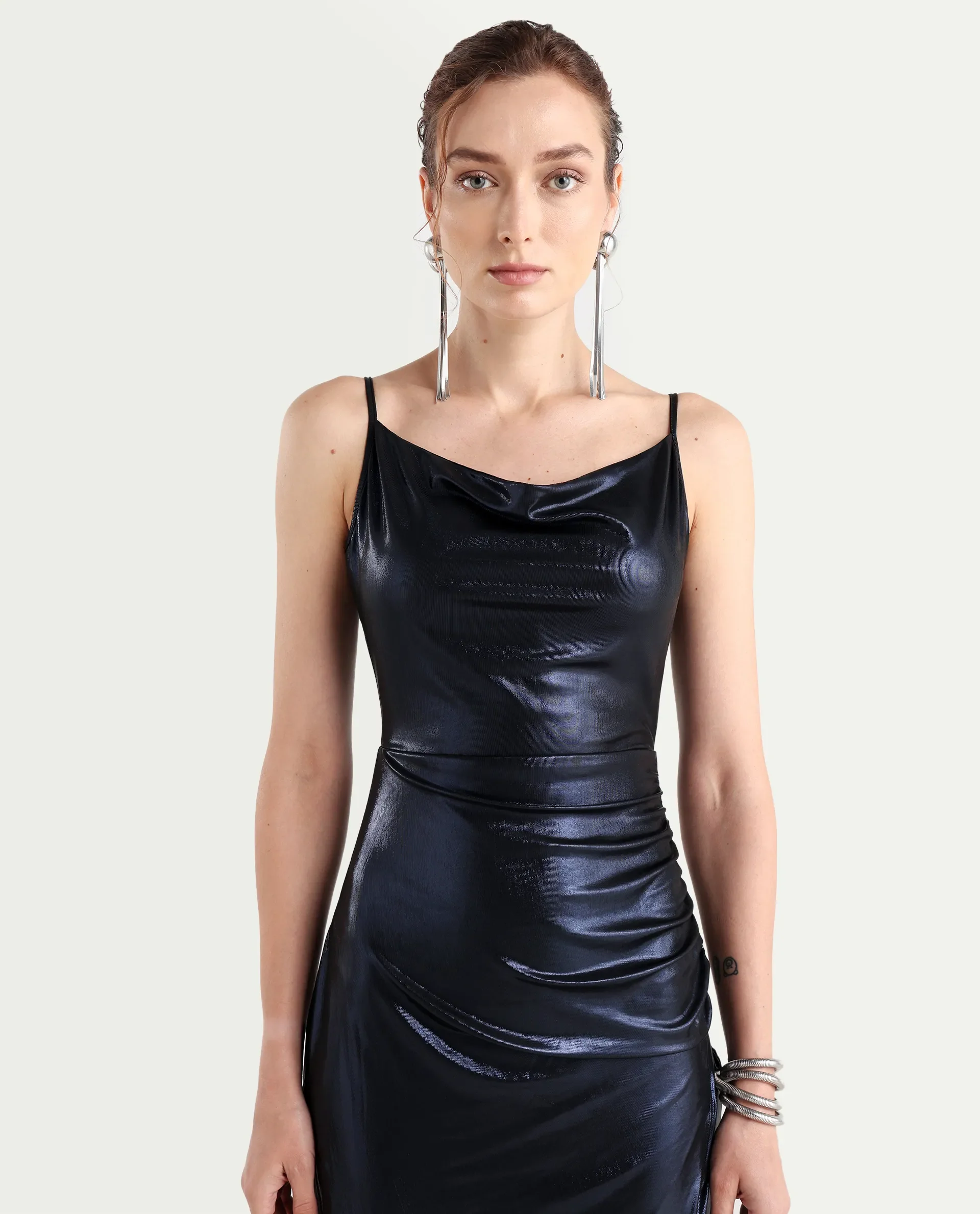 Rareism Women's Cebu Metallic Blue Polyester Cowl Neck Plain Sleeveless Midi Fitted Dress - Image 4