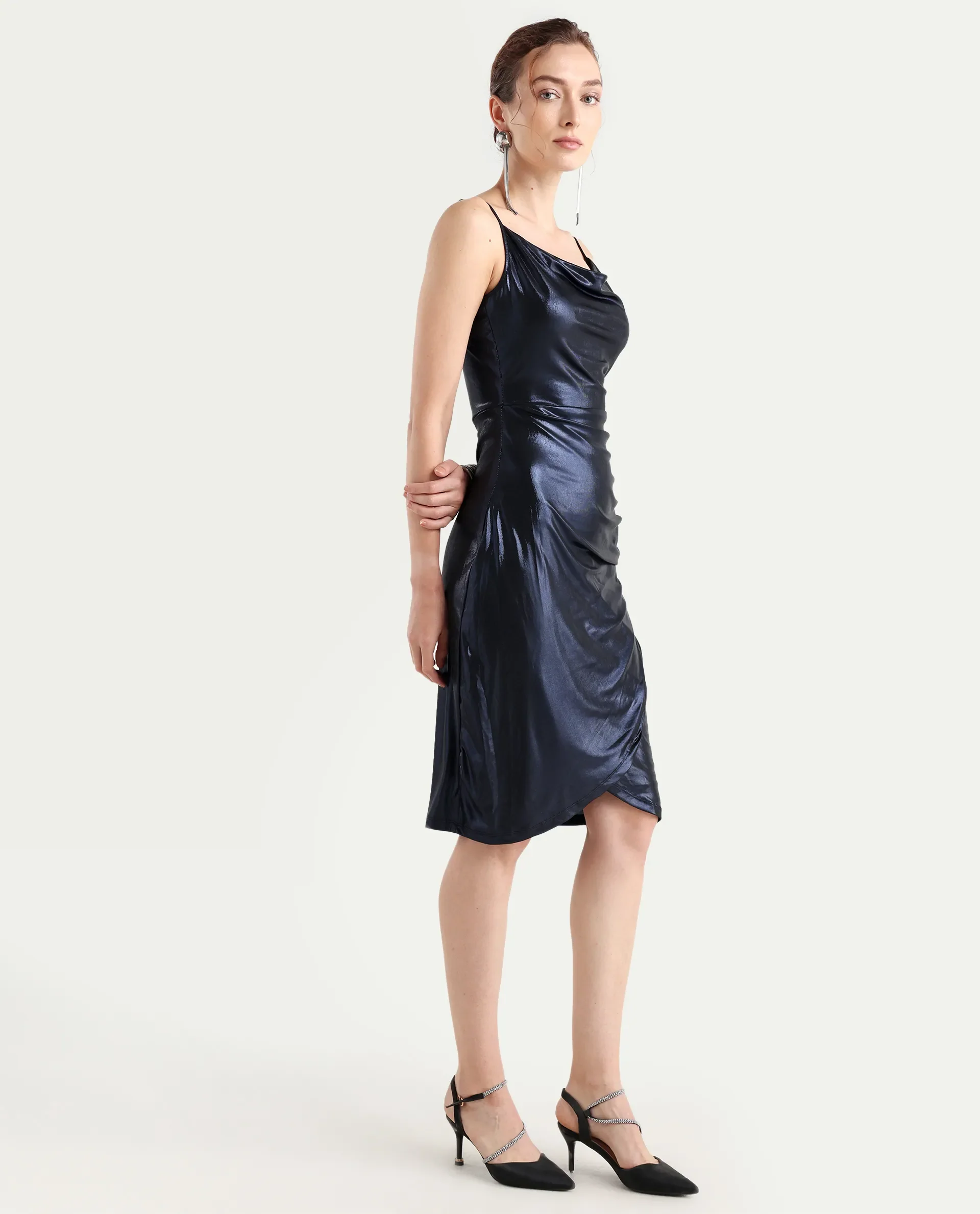 Rareism Women's Cebu Metallic Blue Polyester Cowl Neck Plain Sleeveless Midi Fitted Dress - Image 7