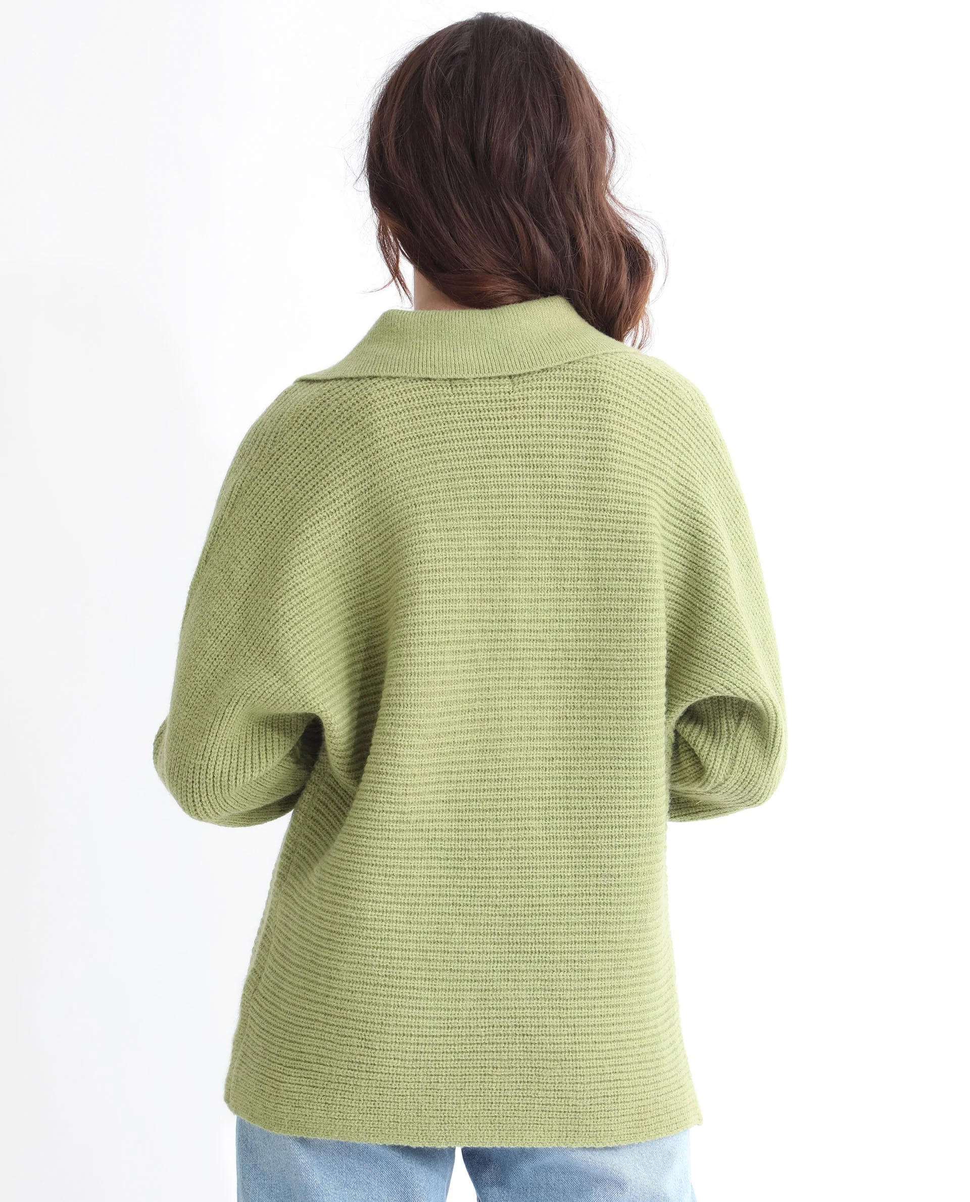 Rareism Women's Cecile Dusky Green Acrylic Drop Collar Plain Relaxed Fit Sweater - Image 10