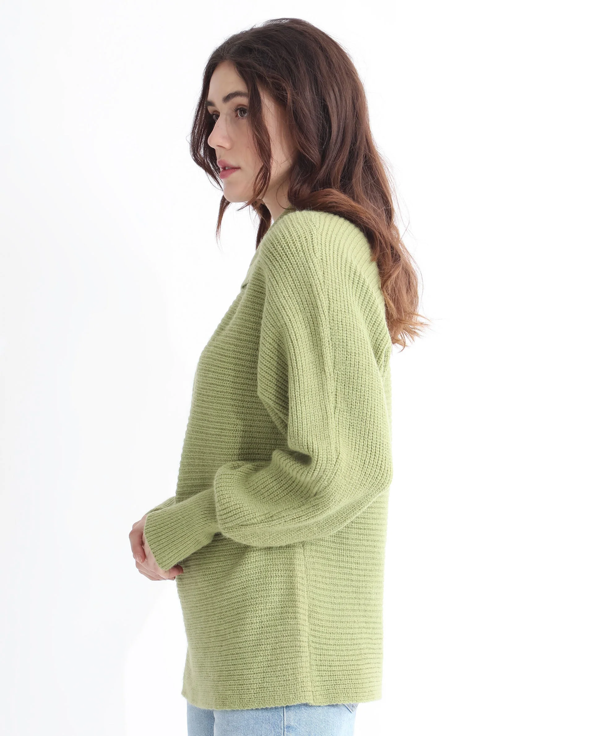 Rareism Women's Cecile Dusky Green Acrylic Drop Collar Plain Relaxed Fit Sweater - Image 11