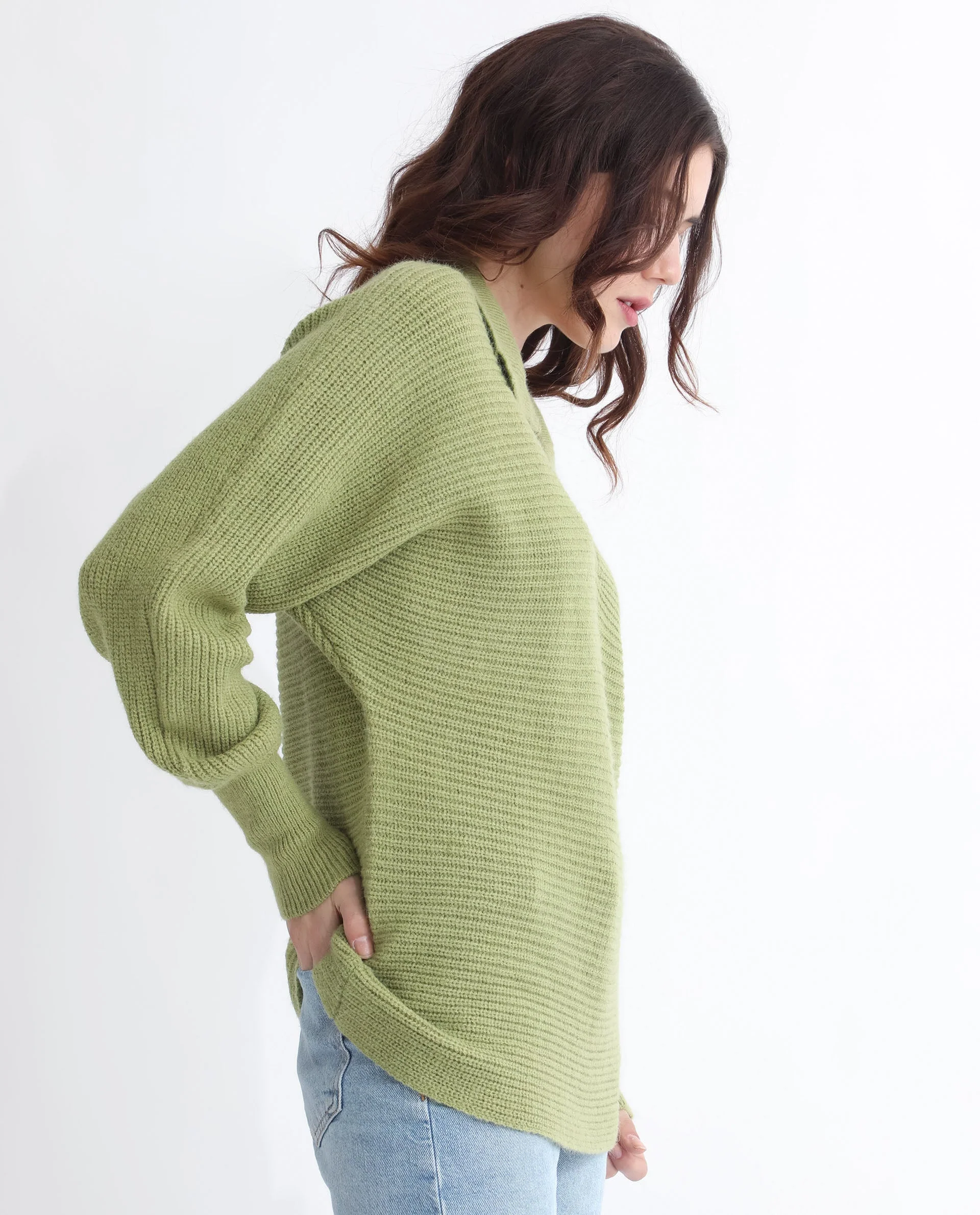 Rareism Women's Cecile Dusky Green Acrylic Drop Collar Plain Relaxed Fit Sweater - Image 12