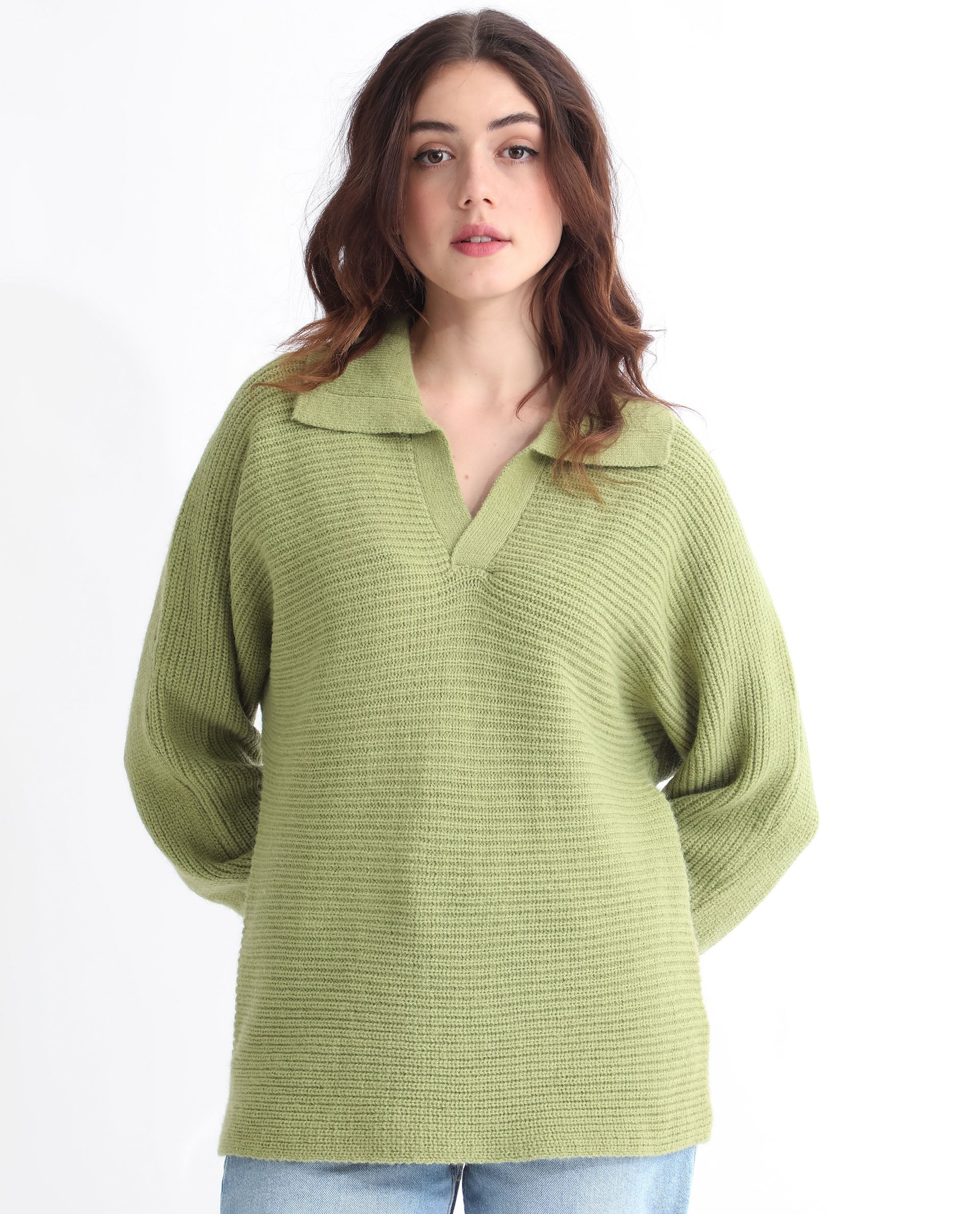 Rareism Women's Cecile Dusky Green Acrylic Drop Collar Plain Relaxed Fit Sweater - Image 13