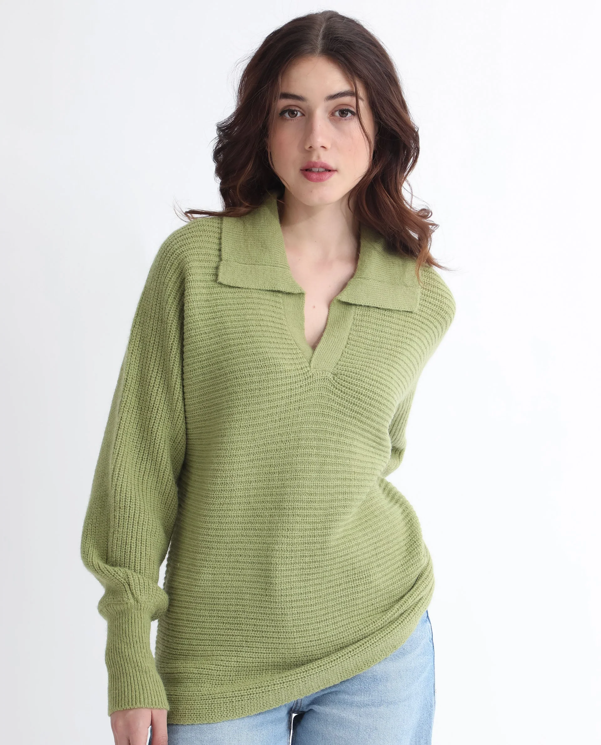 Rareism Women's Cecile Dusky Green Acrylic Drop Collar Plain Relaxed Fit Sweater - Image 14