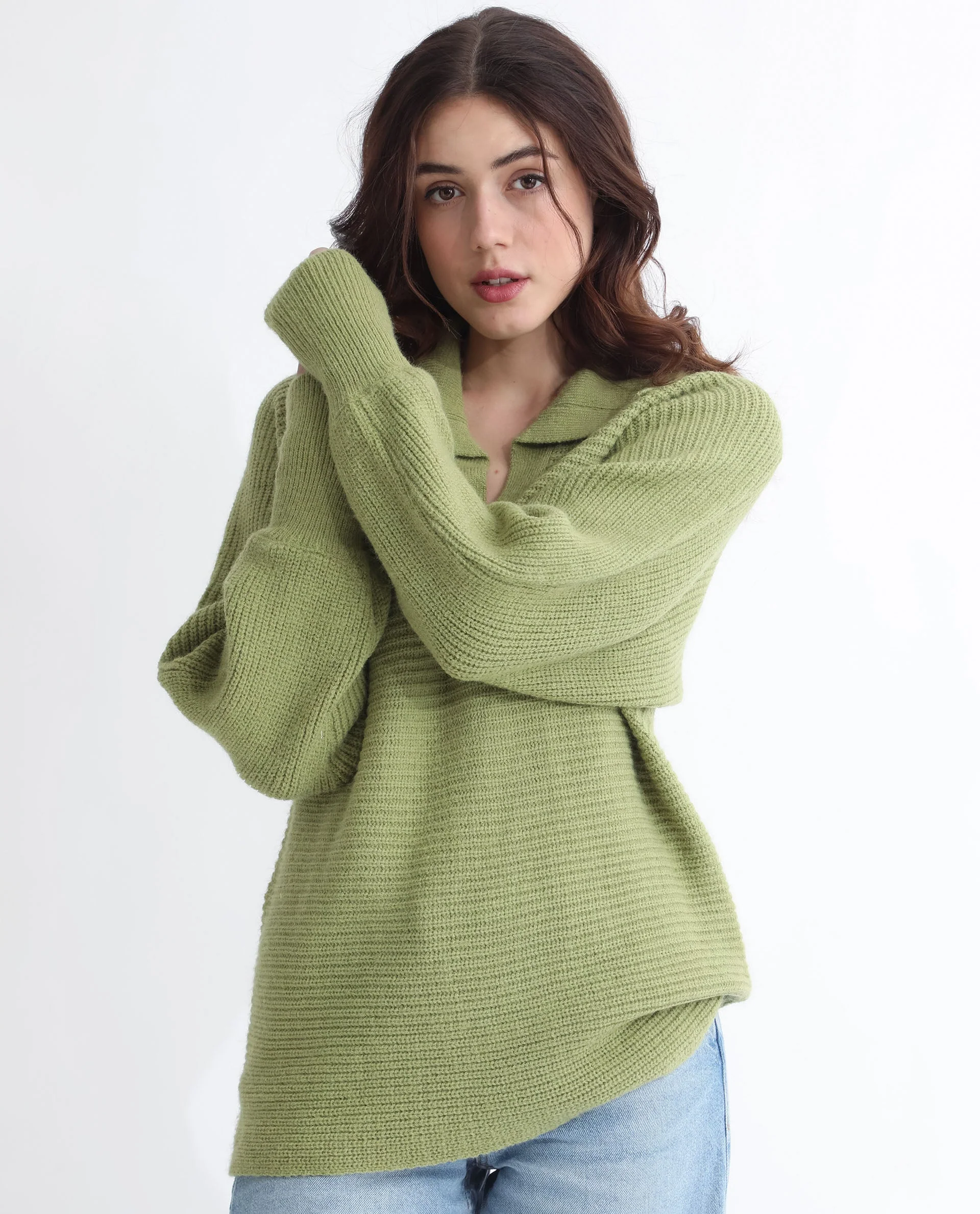 Rareism Women's Cecile Dusky Green Acrylic Drop Collar Plain Relaxed Fit Sweater - Image 15