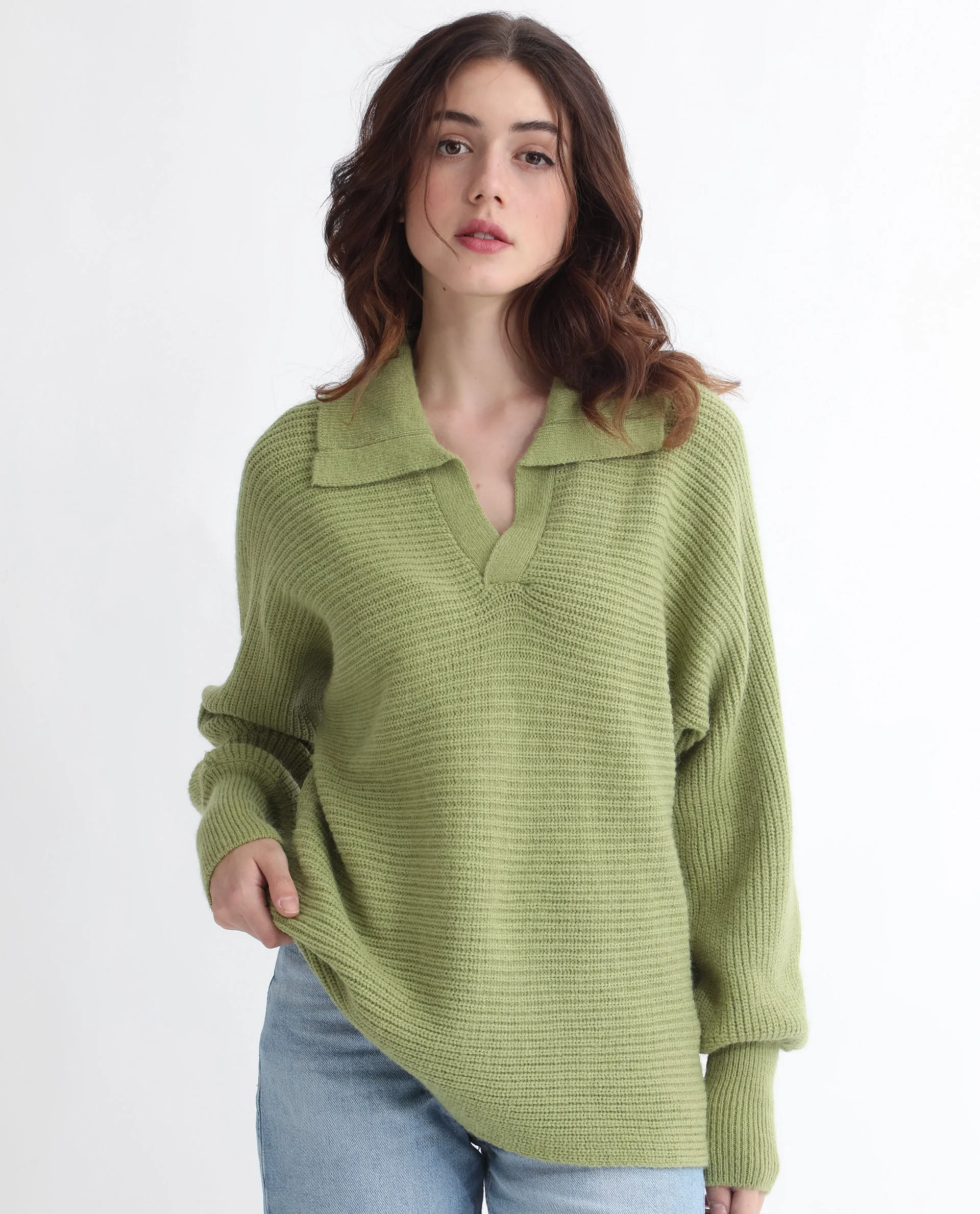 Rareism Women's Cecile Dusky Green Acrylic Drop Collar Plain Relaxed Fit Sweater - Image 16