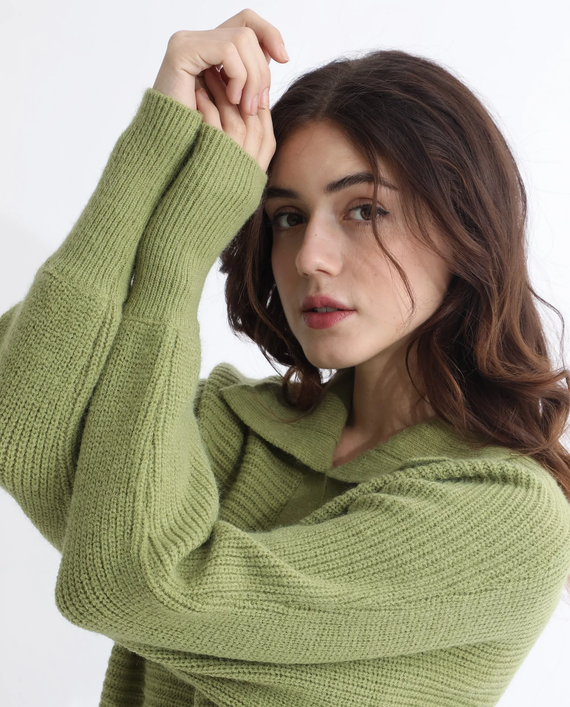 Rareism Women's Cecile Dusky Green Acrylic Drop Collar Plain Relaxed Fit Sweater - Image 2