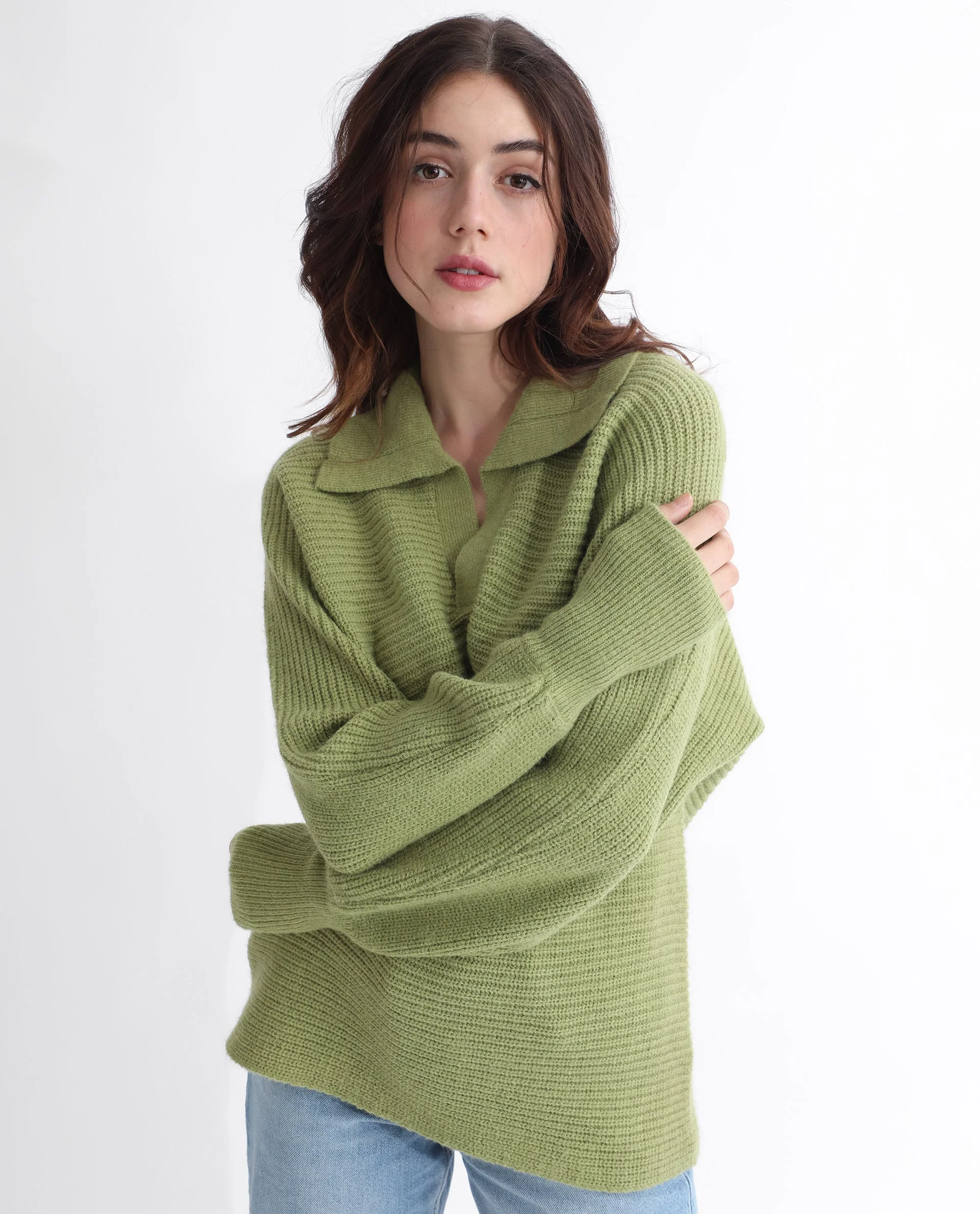 Rareism Women's Cecile Dusky Green Acrylic Drop Collar Plain Relaxed Fit Sweater - Image 3