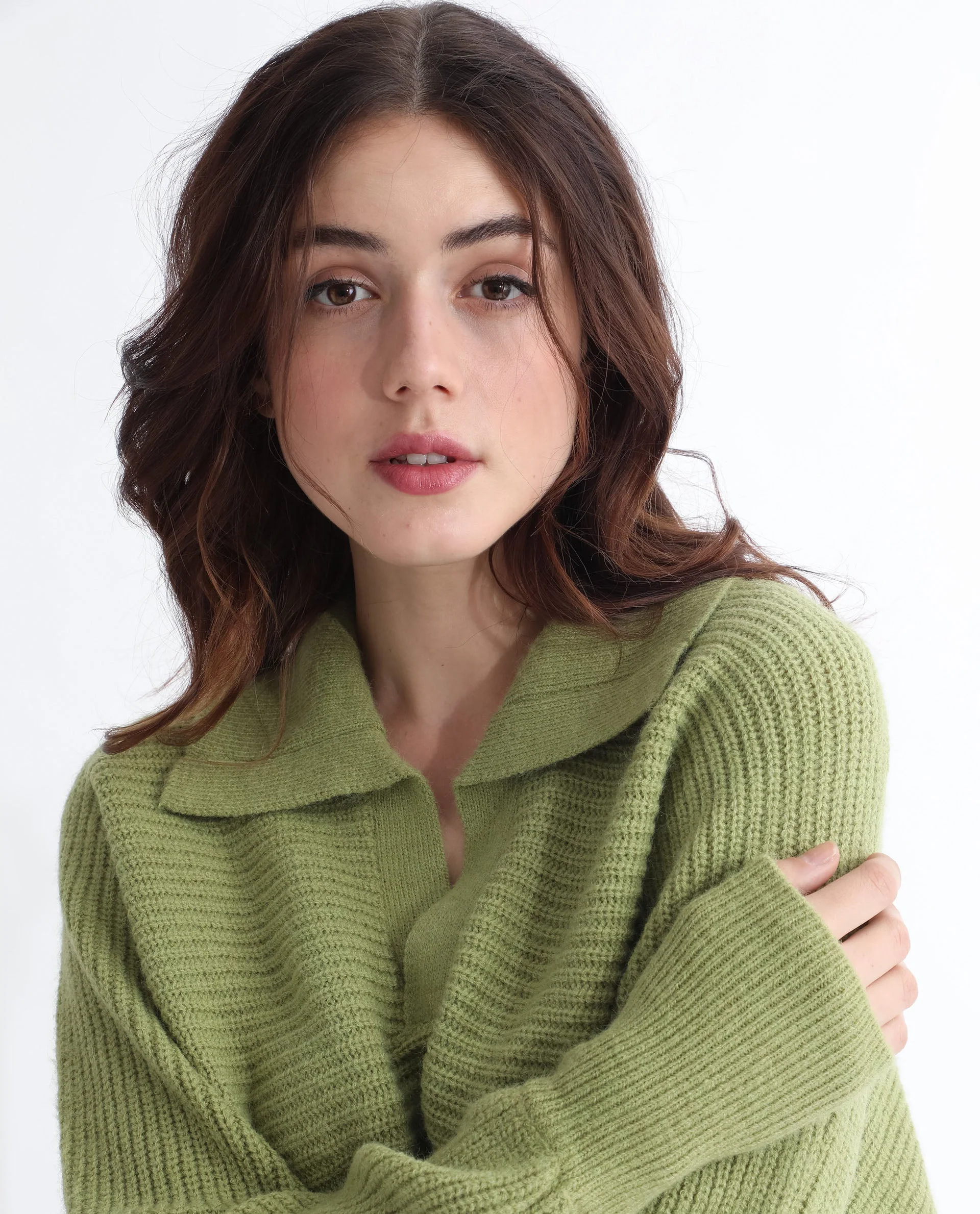 Rareism Women's Cecile Dusky Green Acrylic Drop Collar Plain Relaxed Fit Sweater - Image 4