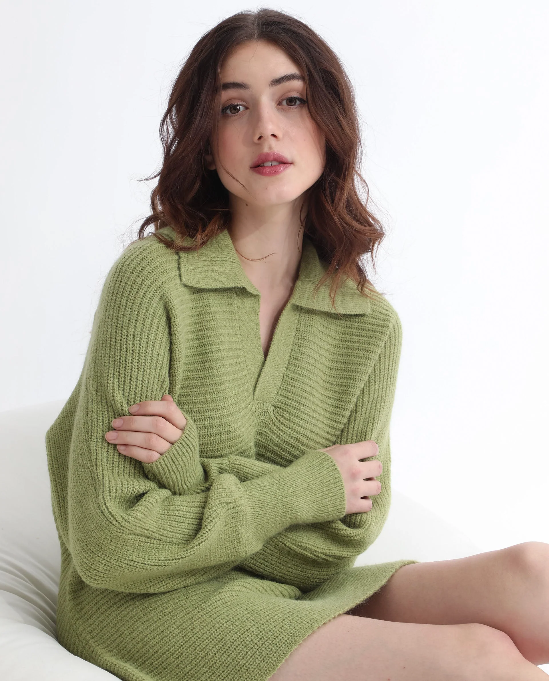 Rareism Women's Cecile Dusky Green Acrylic Drop Collar Plain Relaxed Fit Sweater - Image 5