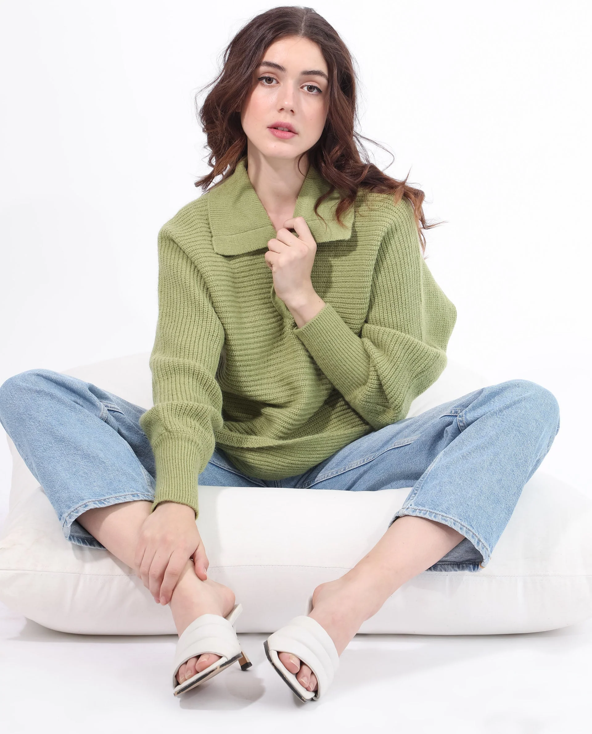 Rareism Women's Cecile Dusky Green Acrylic Drop Collar Plain Relaxed Fit Sweater - Image 6