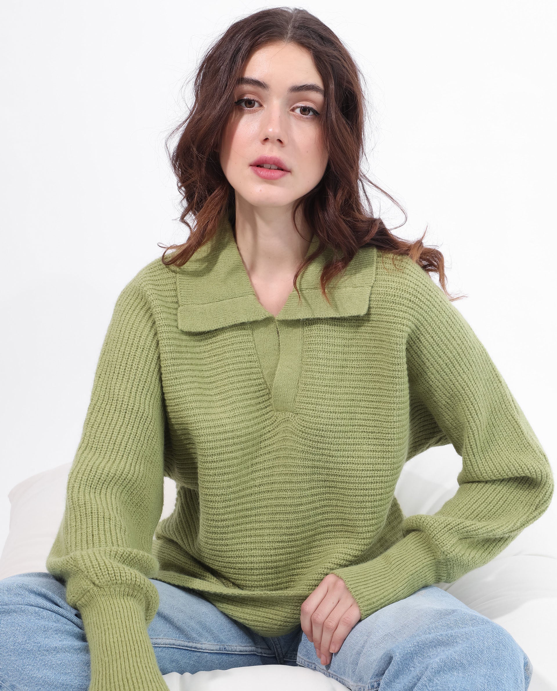 Rareism Women's Cecile Dusky Green Acrylic Drop Collar Plain Relaxed Fit Sweater - Image 7