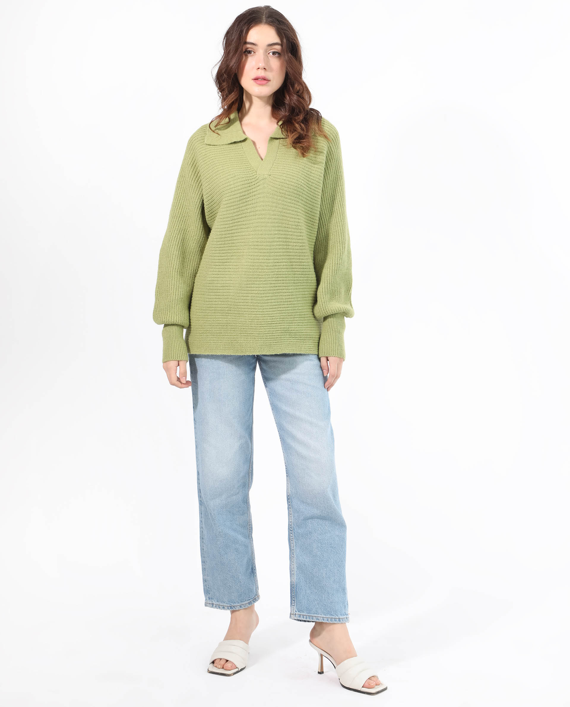 Rareism Women's Cecile Dusky Green Acrylic Drop Collar Plain Relaxed Fit Sweater - Image 8