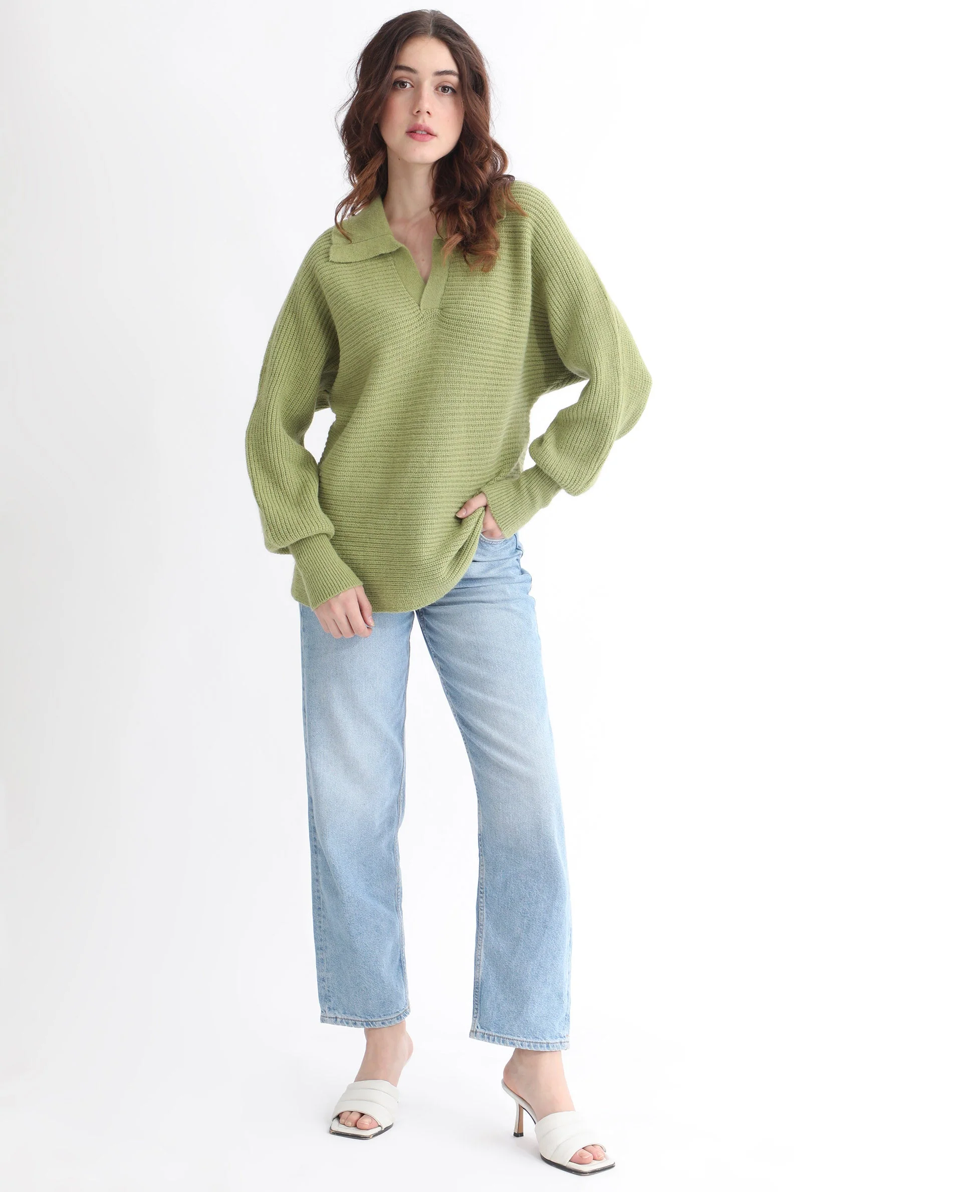 Rareism Women's Cecile Dusky Green Acrylic Drop Collar Plain Relaxed Fit Sweater - Image 9