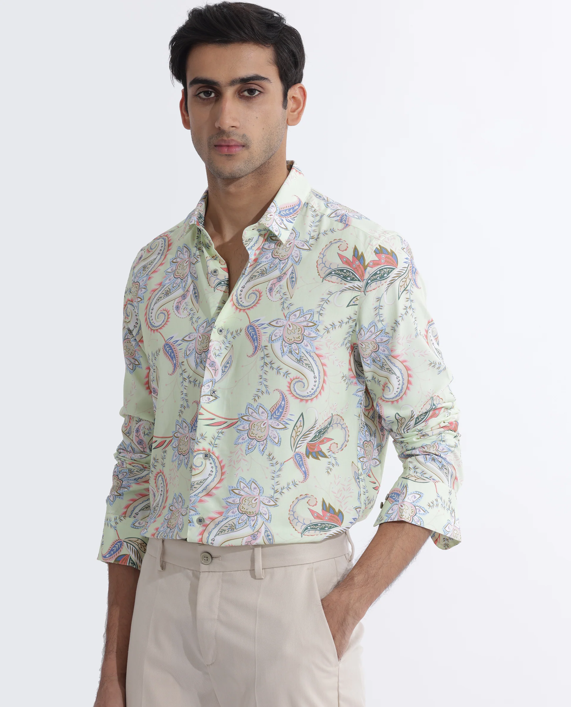 Rare Rabbit Men's Cecilia Green Viscose Paisley Print Regular Fit Full Sleeve Collared Shirt - Image 3