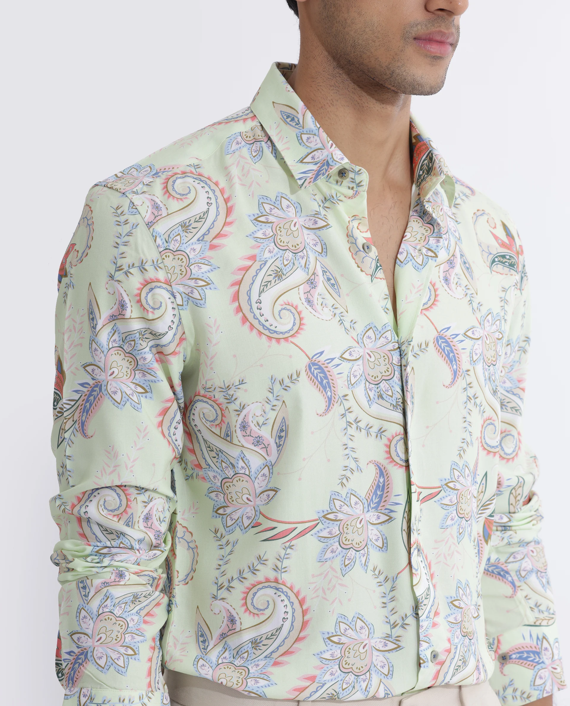 Rare Rabbit Men's Cecilia Green Viscose Paisley Print Regular Fit Full Sleeve Collared Shirt - Image 4