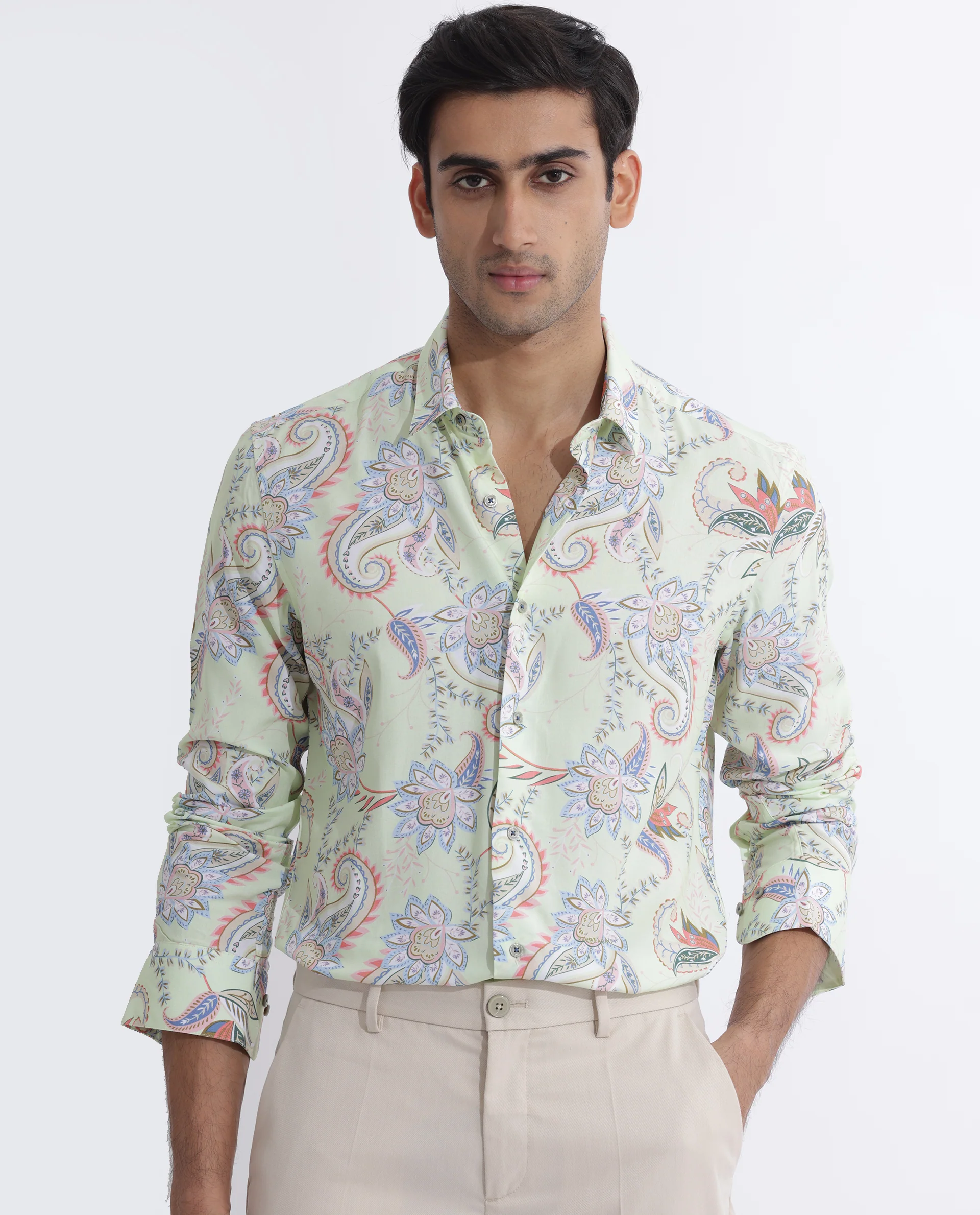 Rare Rabbit Men's Cecilia Green Viscose Paisley Print Regular Fit Full Sleeve Collared Shirt - Image 7