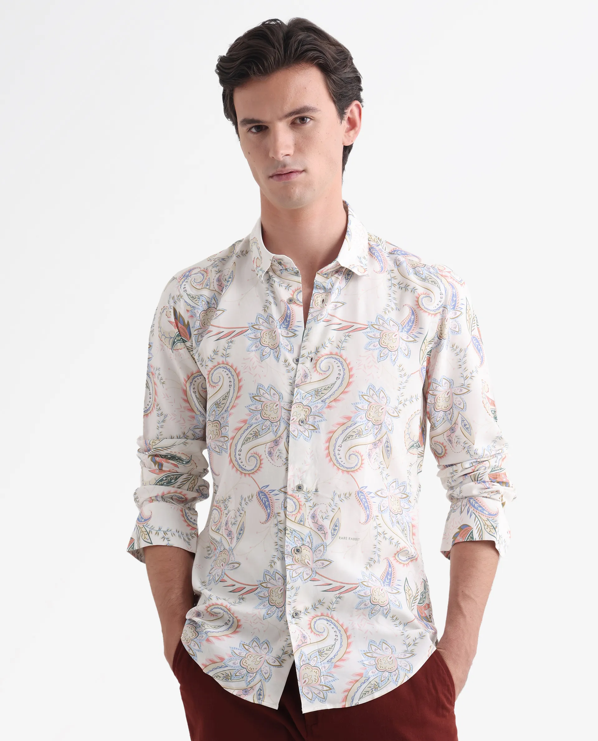 Rare Rabbit Men's Cecilia Off White Viscose Paisley Print Regular Fit Full Sleeve Collared Shirt