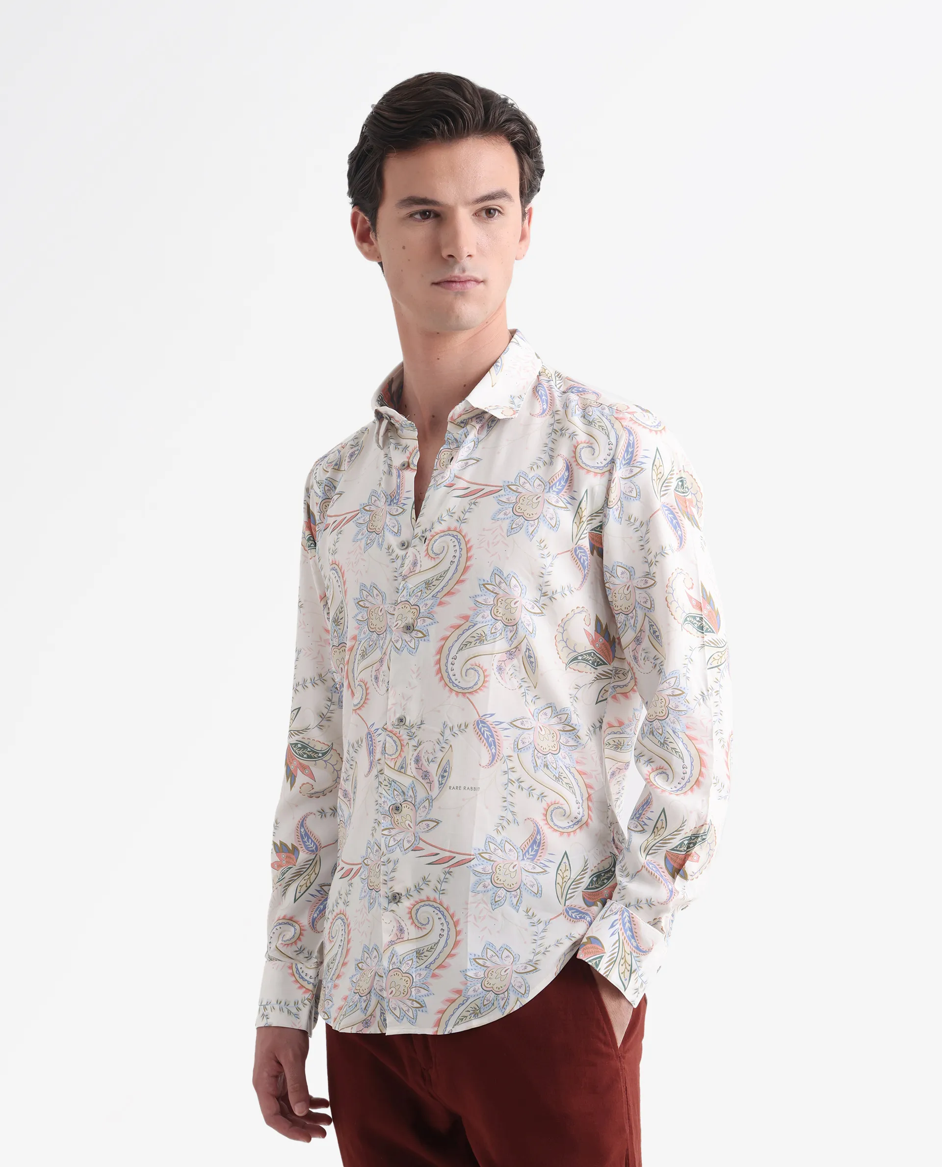 Rare Rabbit Men's Cecilia Off White Viscose Paisley Print Regular Fit Full Sleeve Collared Shirt - Image 4