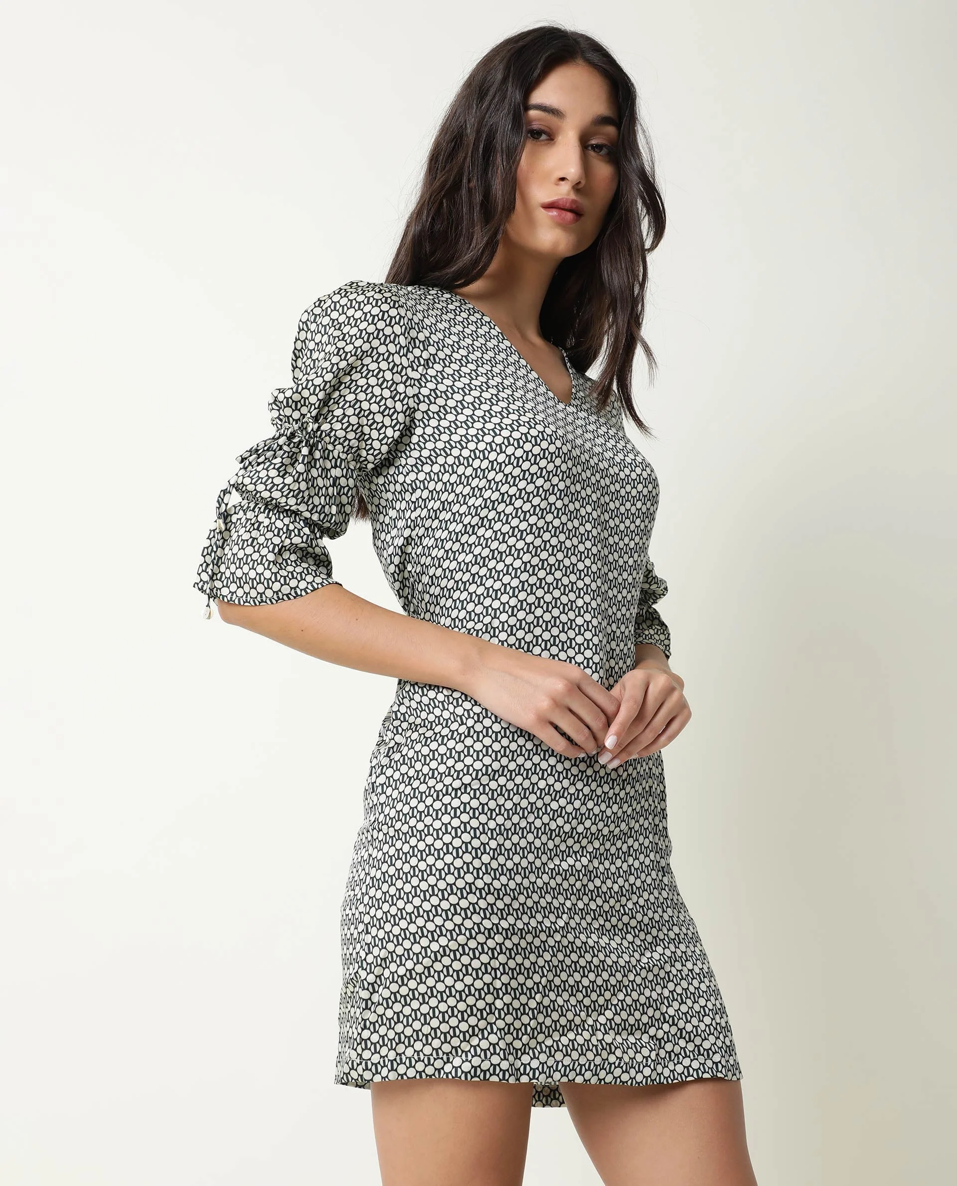 Rareism Women's Cecilia Beige V-Neck Geometric Print Knee Length Regular Fit Dress - Image 10