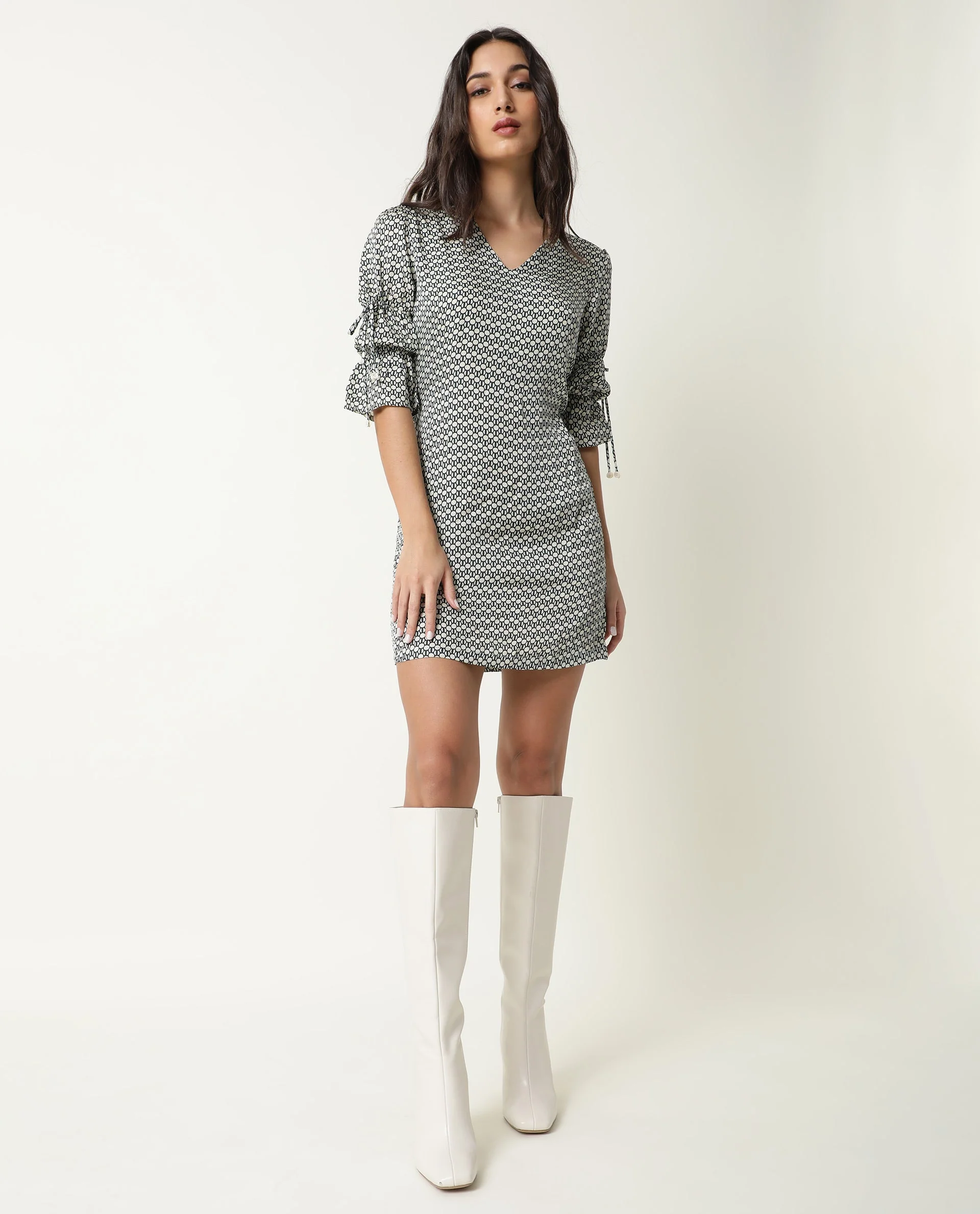 Rareism Women's Cecilia Beige V-Neck Geometric Print Knee Length Regular Fit Dress - Image 2