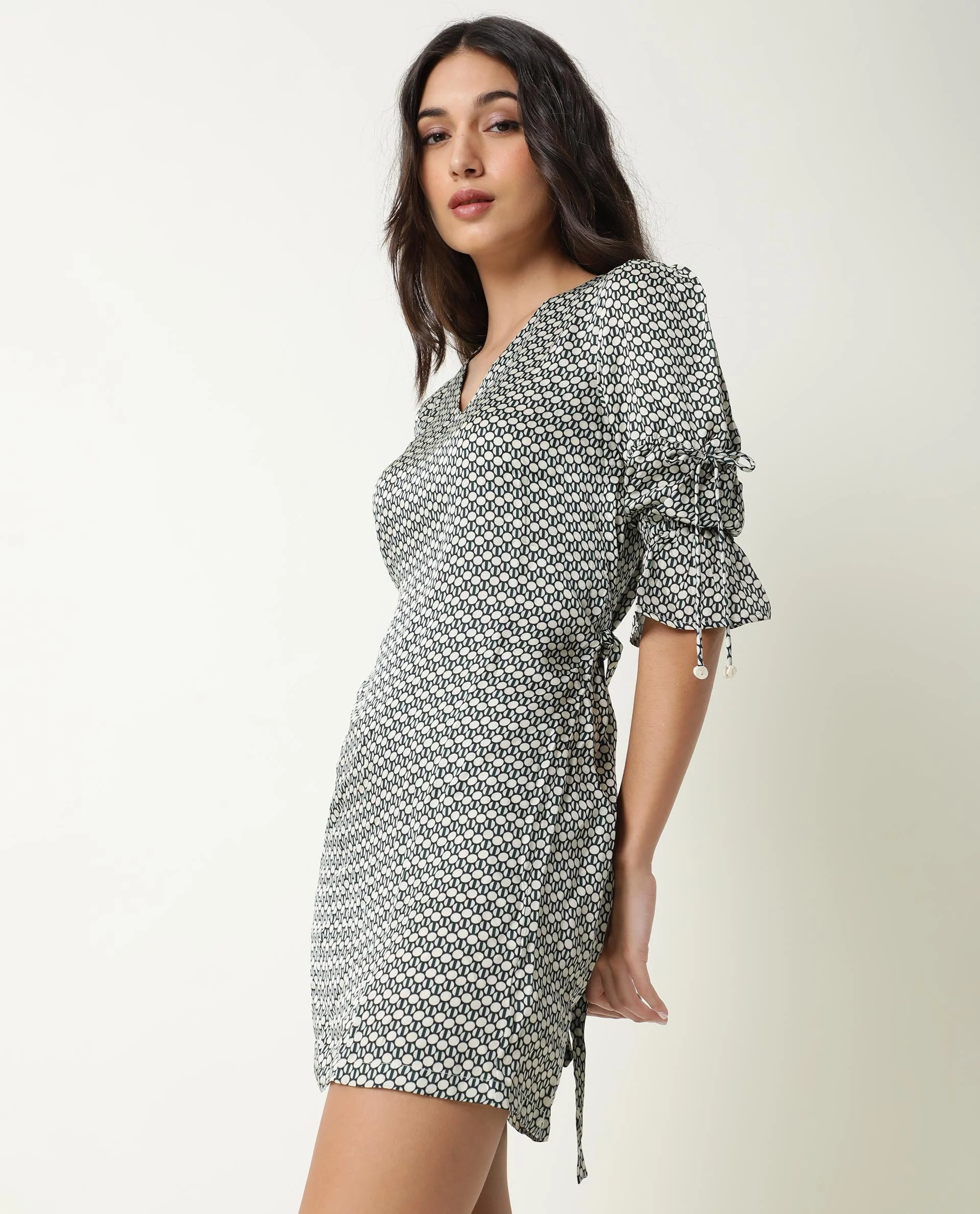 Rareism Women's Cecilia Beige V-Neck Geometric Print Knee Length Regular Fit Dress - Image 5
