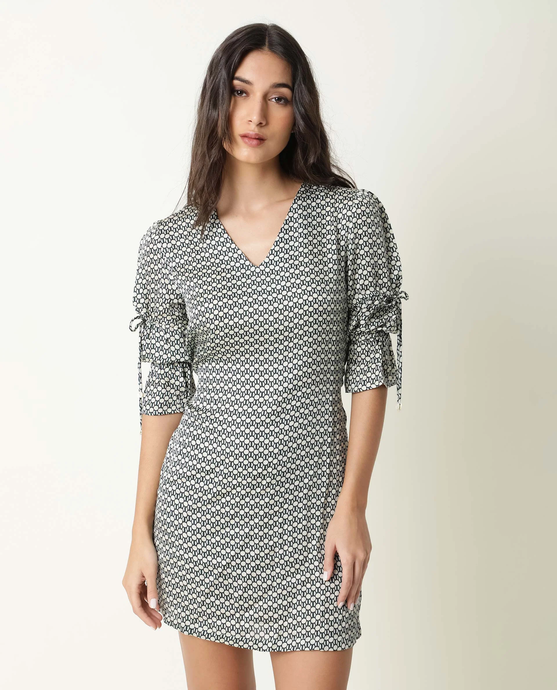 Rareism Women's Cecilia Beige V-Neck Geometric Print Knee Length Regular Fit Dress - Image 8