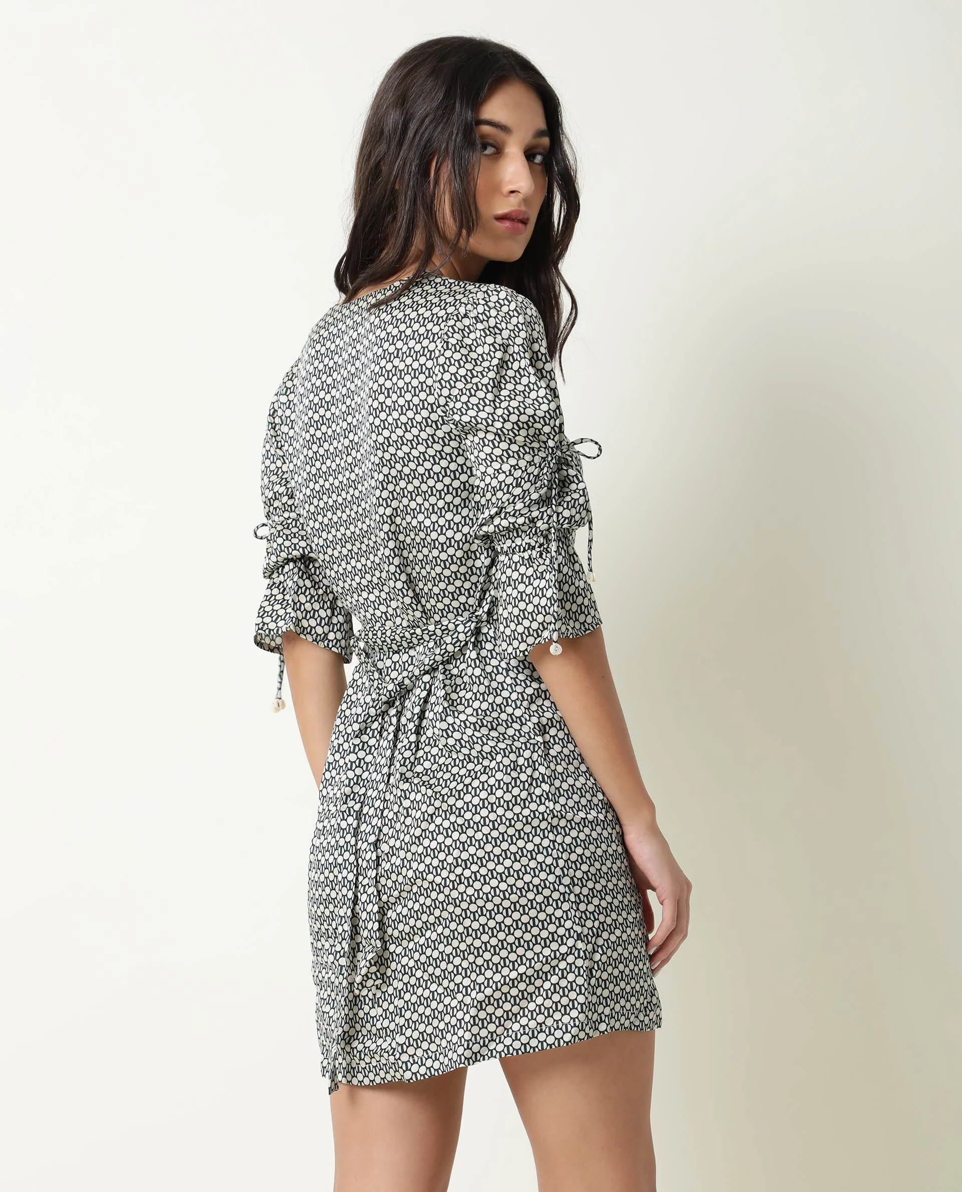 Rareism Women's Cecilia Beige V-Neck Geometric Print Knee Length Regular Fit Dress - Image 9
