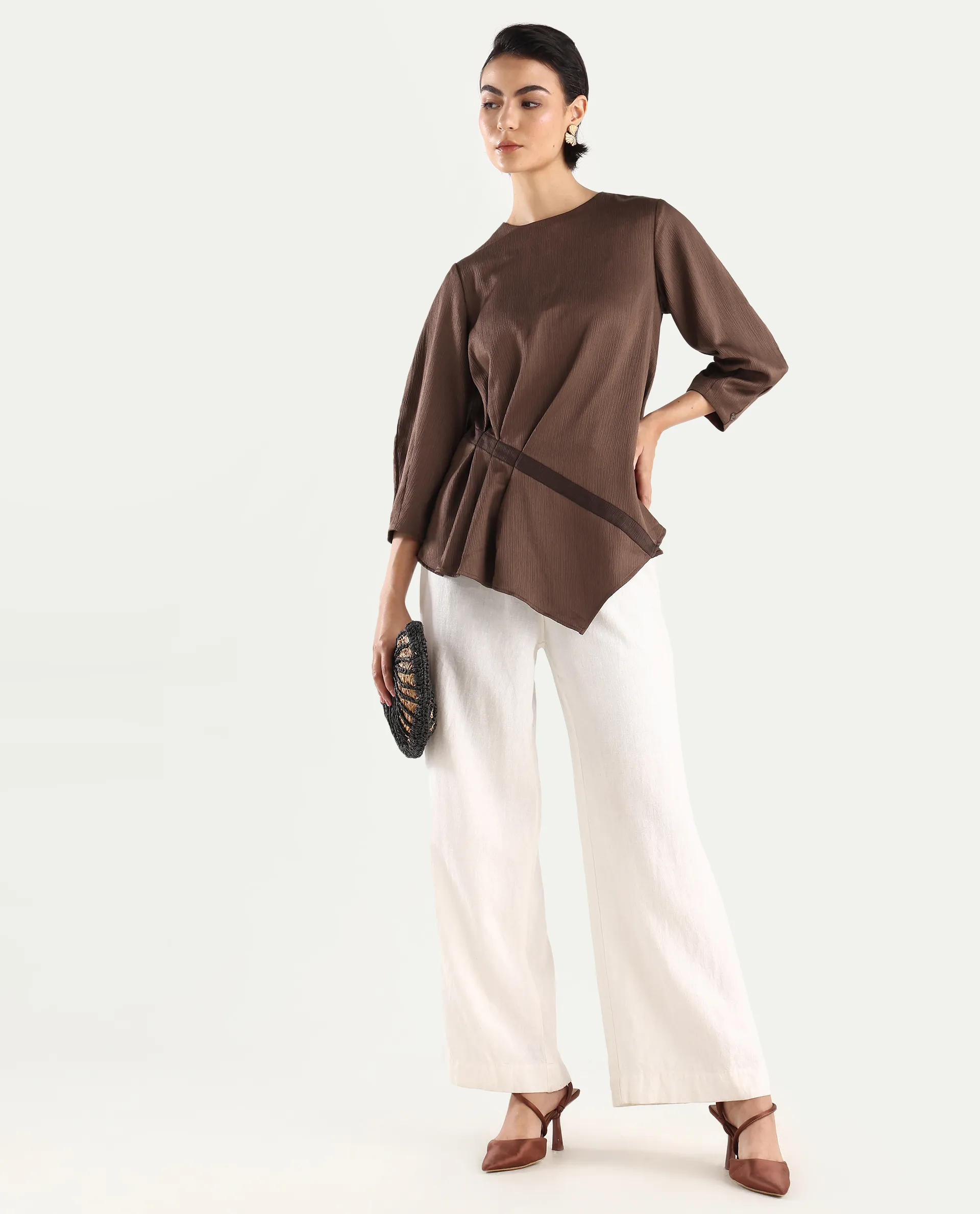 Rareism Women's Ced Brown Polyester Crew Neck Plain Volume Sleeve Regular Fit Top - Image 2