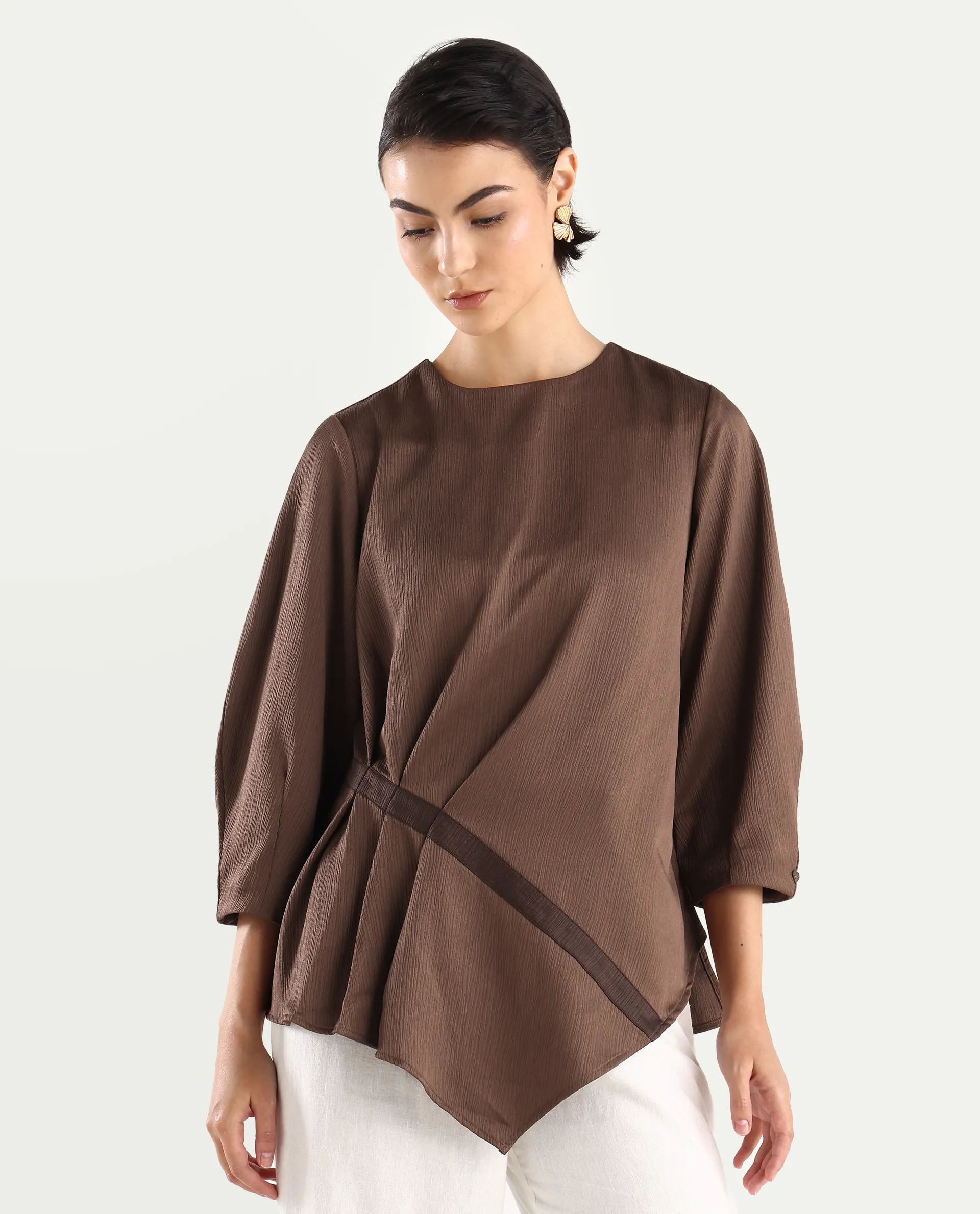 Rareism Women's Ced Brown Polyester Crew Neck Plain Volume Sleeve Regular Fit Top - Image 3