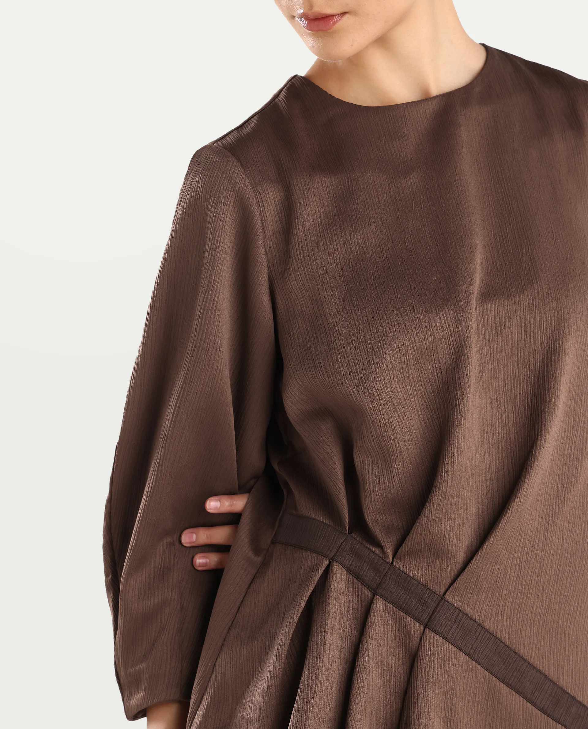 Rareism Women's Ced Brown Polyester Crew Neck Plain Volume Sleeve Regular Fit Top - Image 4