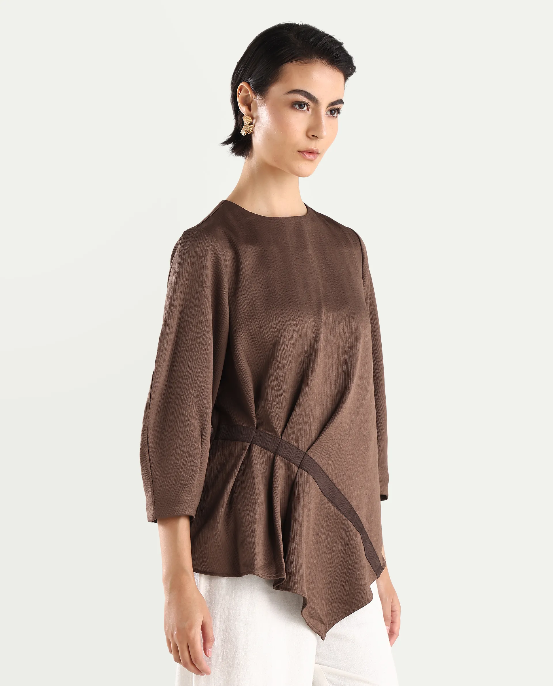 Rareism Women's Ced Brown Polyester Crew Neck Plain Volume Sleeve Regular Fit Top - Image 5