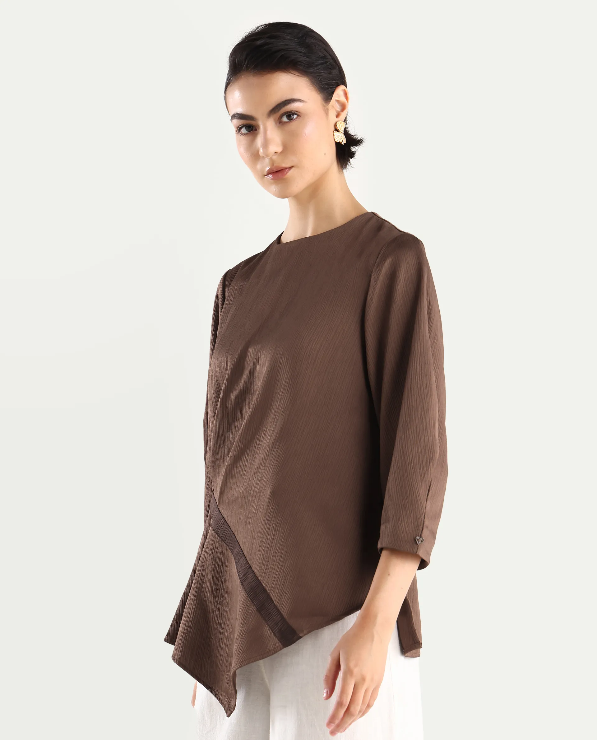 Rareism Women's Ced Brown Polyester Crew Neck Plain Volume Sleeve Regular Fit Top - Image 6