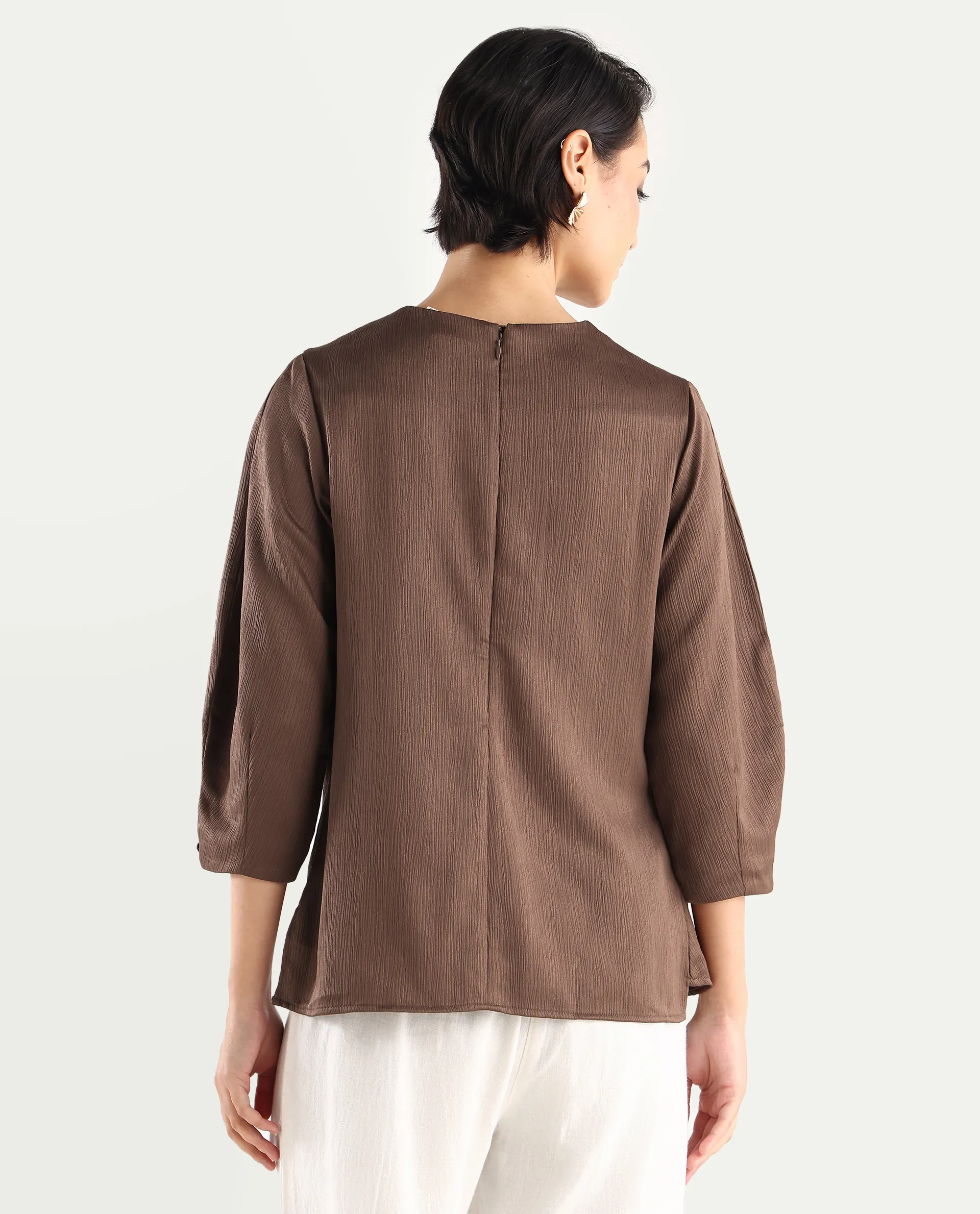 Rareism Women's Ced Brown Polyester Crew Neck Plain Volume Sleeve Regular Fit Top - Image 7