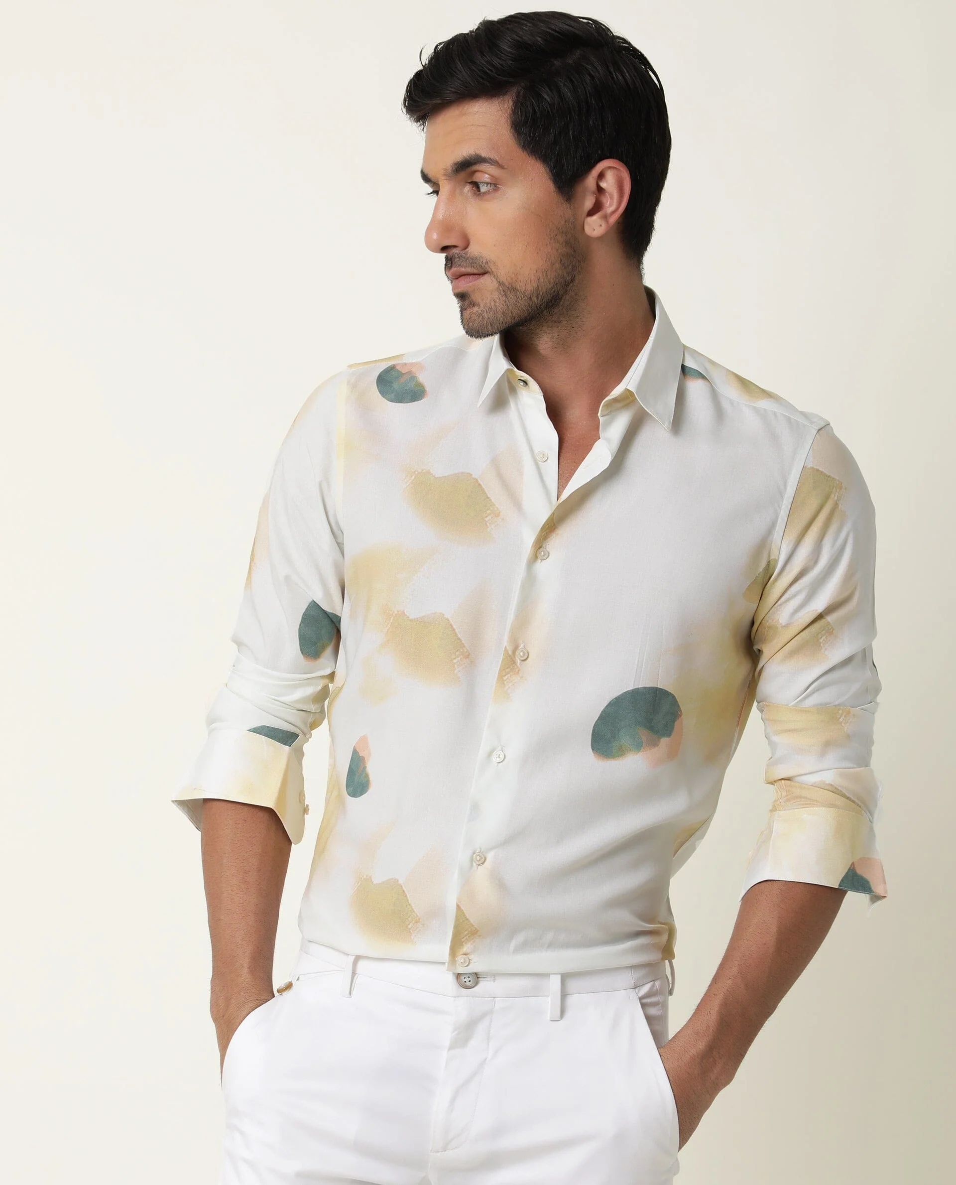 Rare Rabbit Men's Cedar Green Viscose Abstract Print Regular Fit Full Sleeve Collared Shirt - Image 3