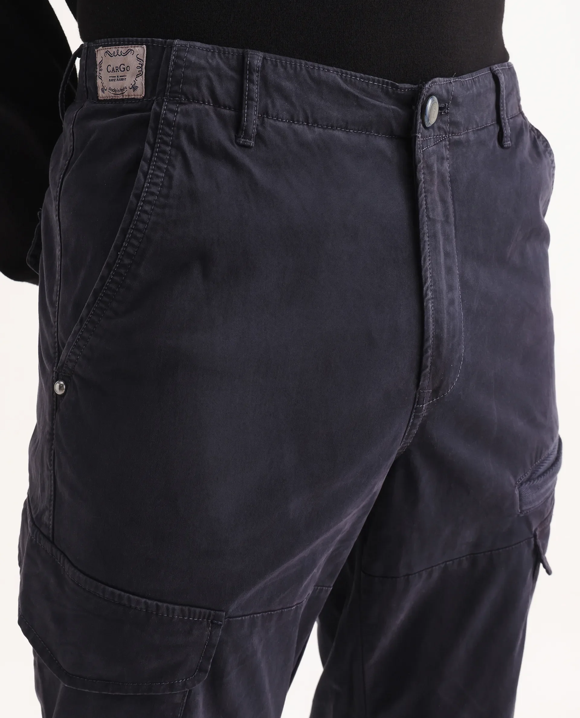 Rare Rabbit Men's Ceder-1 Dark Navy Cotton Blend Plain Regular Fit Trouser - Image 3