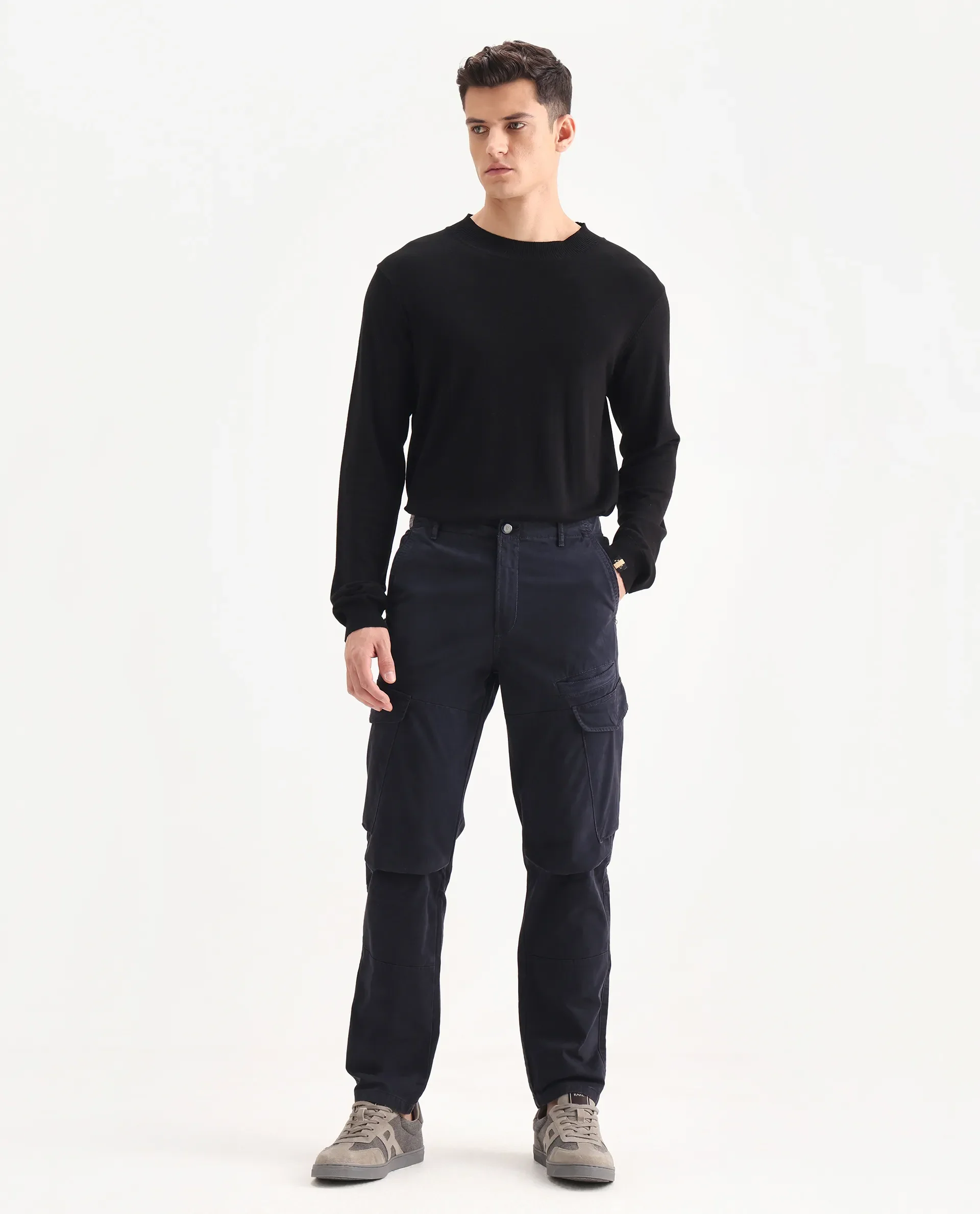 Rare Rabbit Men's Ceder-1 Dark Navy Cotton Blend Plain Regular Fit Trouser - Image 4