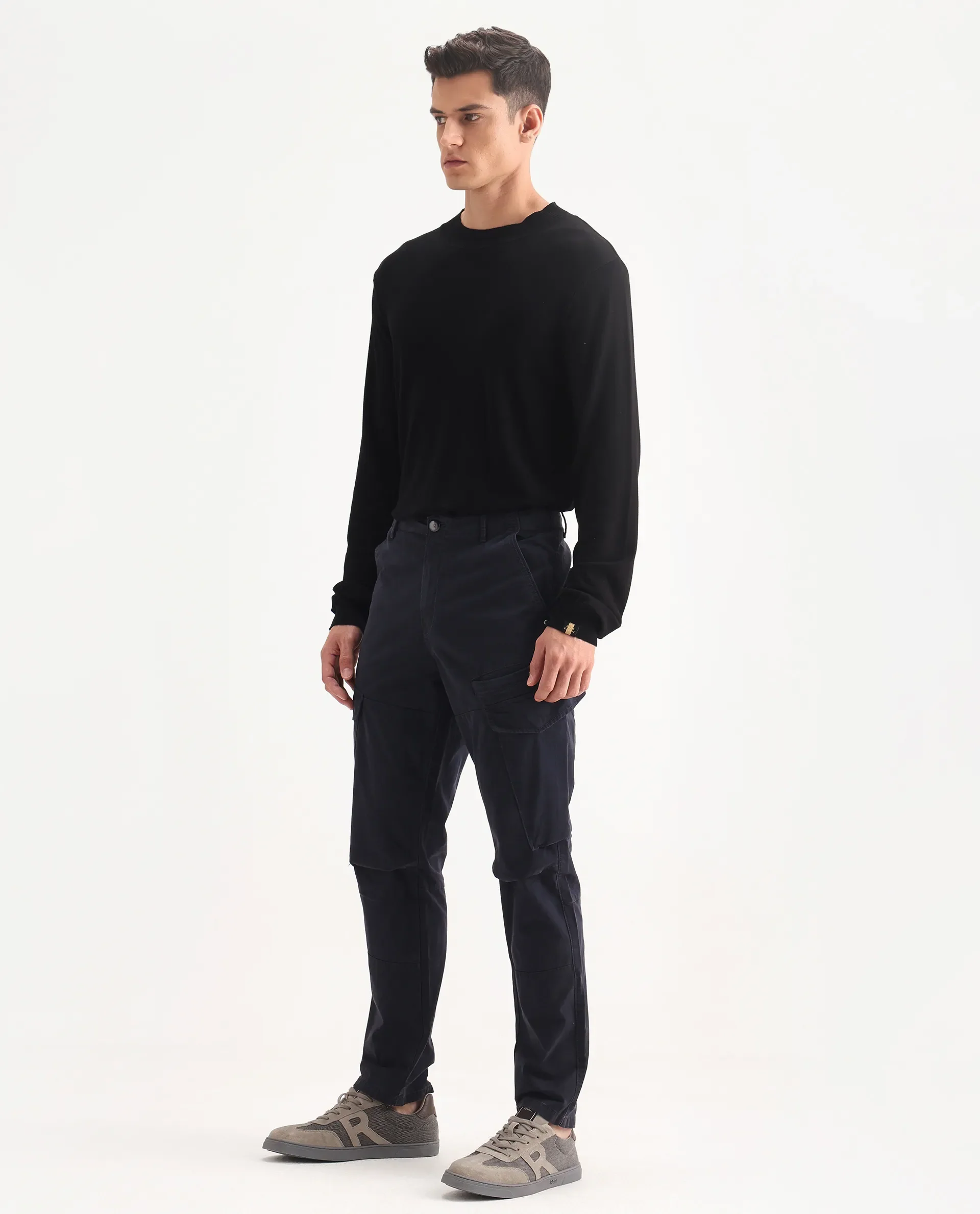 Rare Rabbit Men's Ceder-1 Dark Navy Cotton Blend Plain Regular Fit Trouser - Image 5