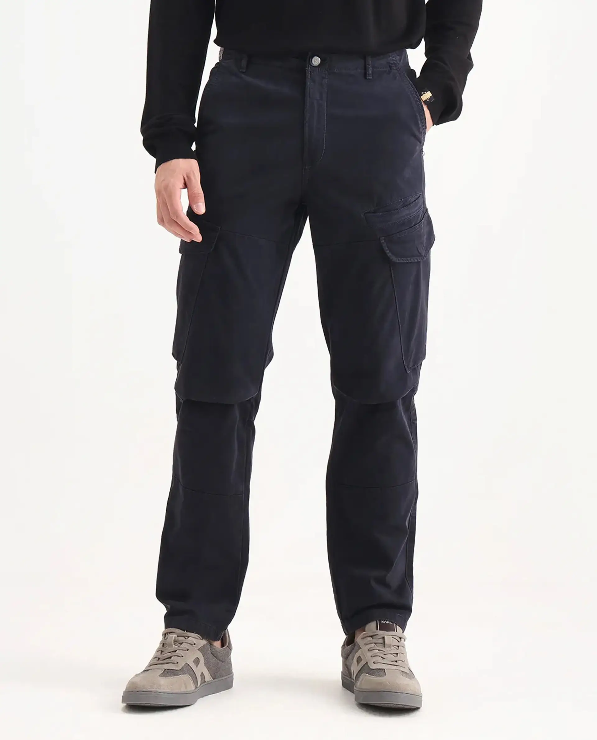 Rare Rabbit Men's Ceder-1 Dark Navy Cotton Blend Plain Regular Fit Trouser - Image 8