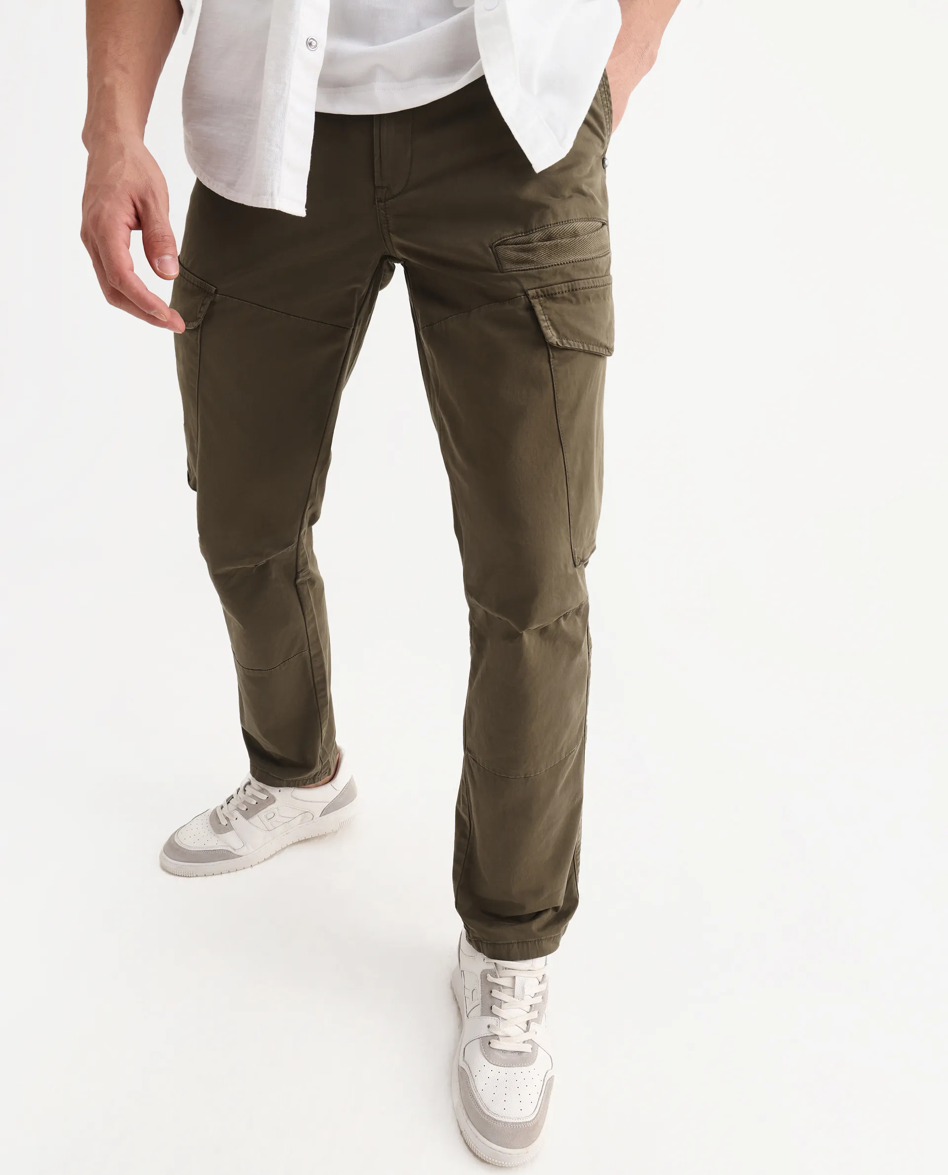 Rare Rabbit Men's Ceder-1 Olive Cotton Blend Plain Regular Fit Trouser - Image 2