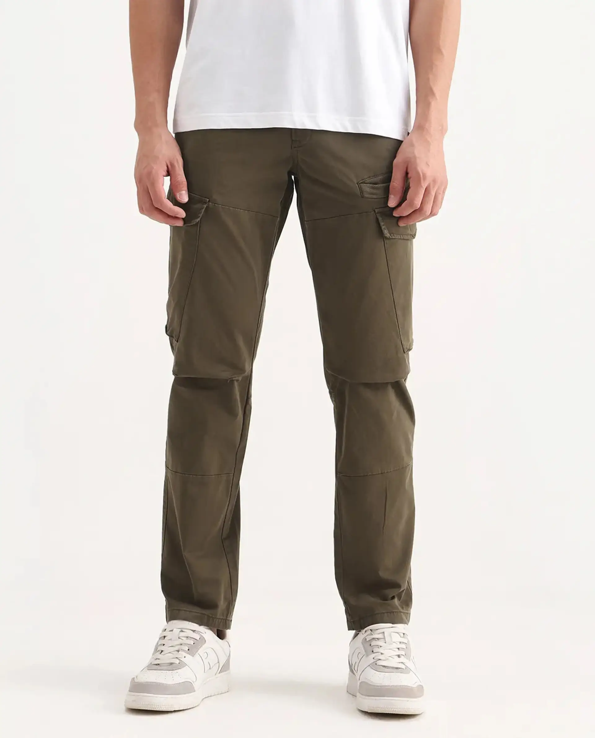 Rare Rabbit Men's Ceder-1 Olive Cotton Blend Plain Regular Fit Trouser - Image 8