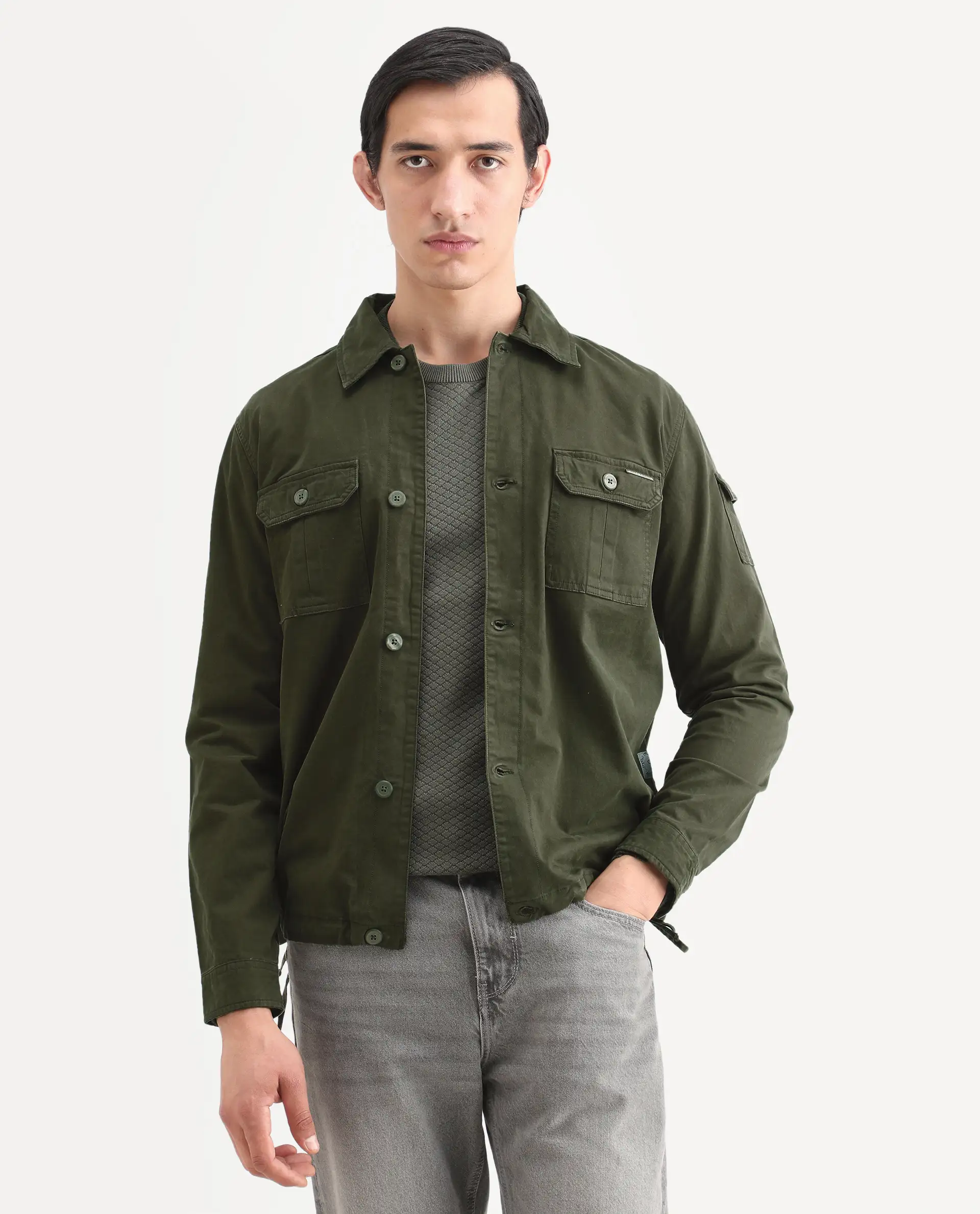 Rare Rabbit Men's Cedro Olive Cotton Plain Regular Fit Full Sleeve Spread Collar Jacket - Image 3