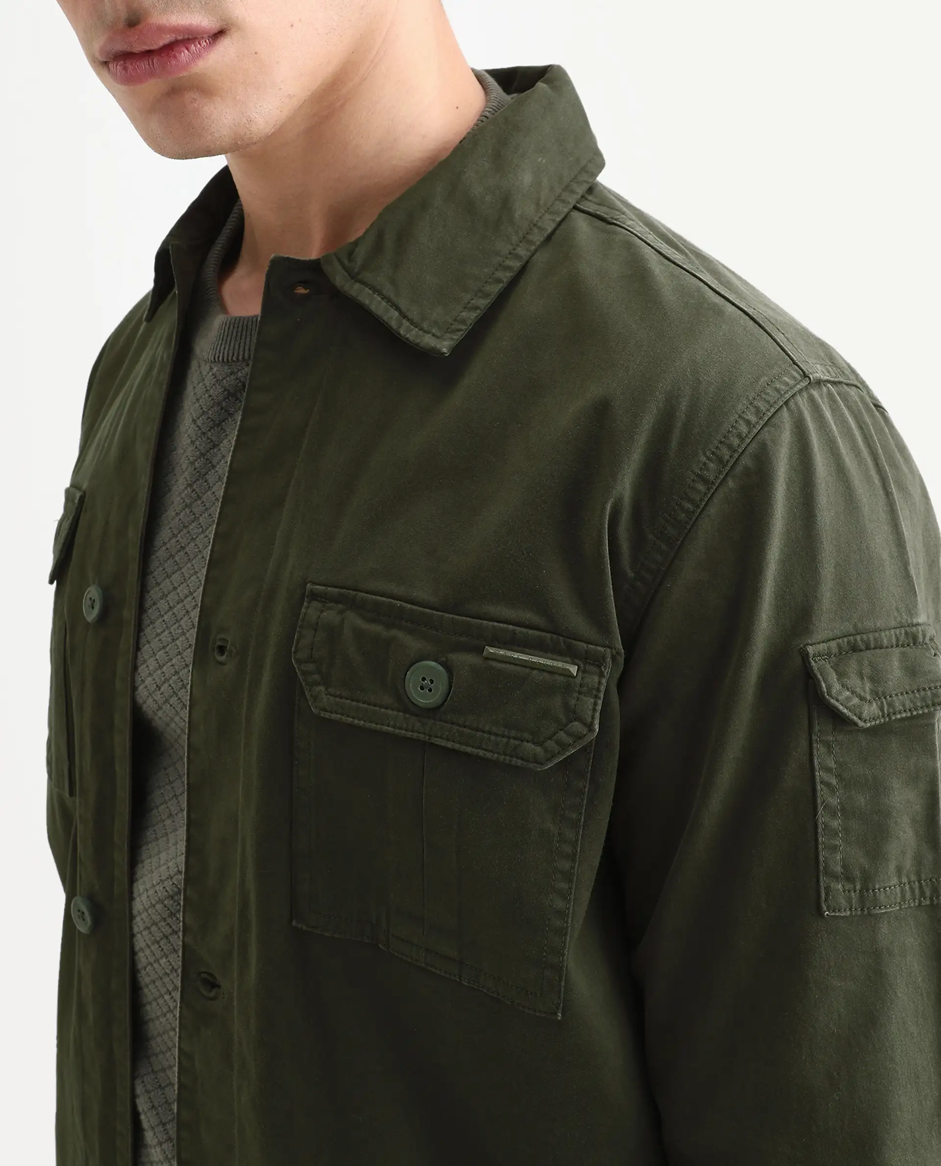 Rare Rabbit Men's Cedro Olive Cotton Plain Regular Fit Full Sleeve Spread Collar Jacket - Image 4