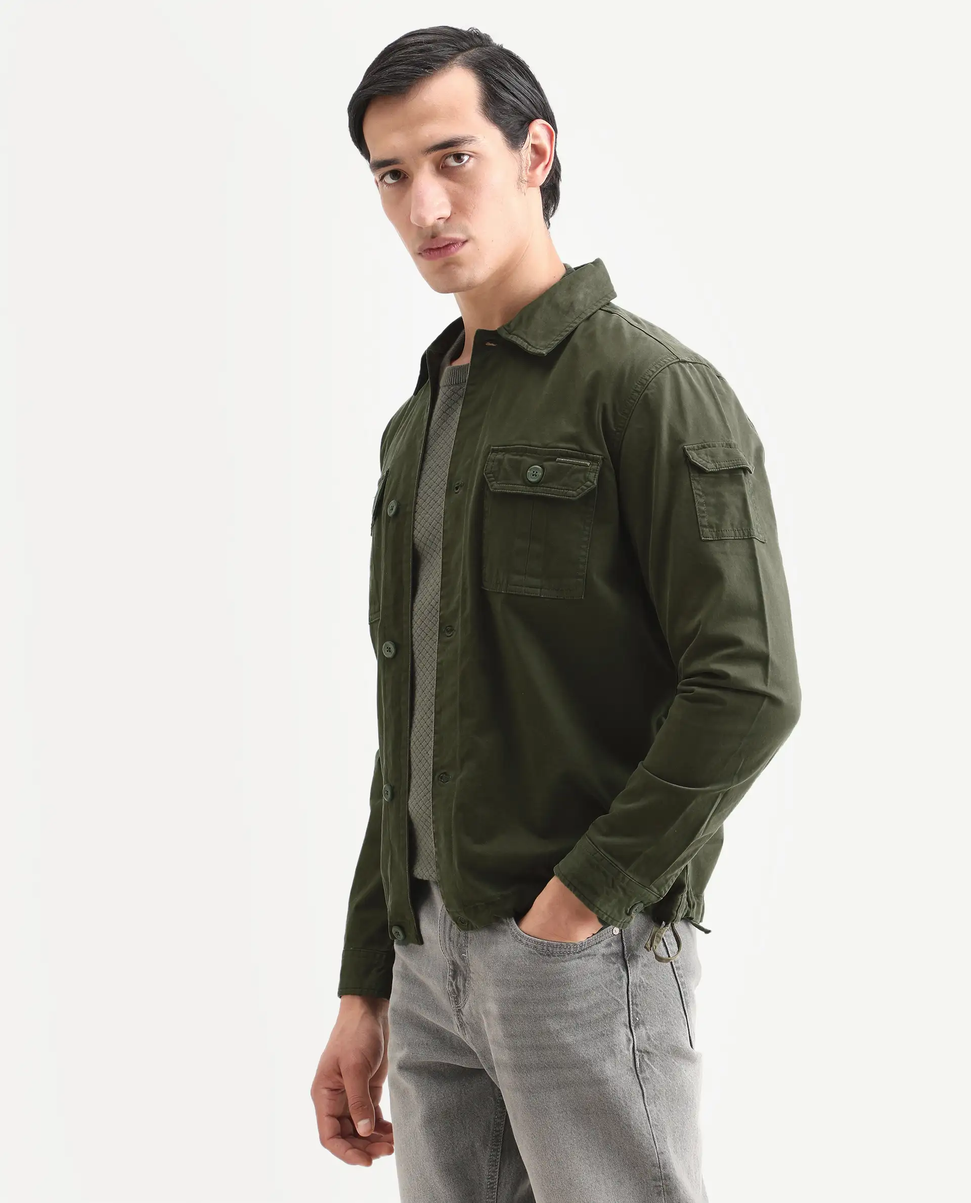 Rare Rabbit Men's Cedro Olive Cotton Plain Regular Fit Full Sleeve Spread Collar Jacket - Image 6