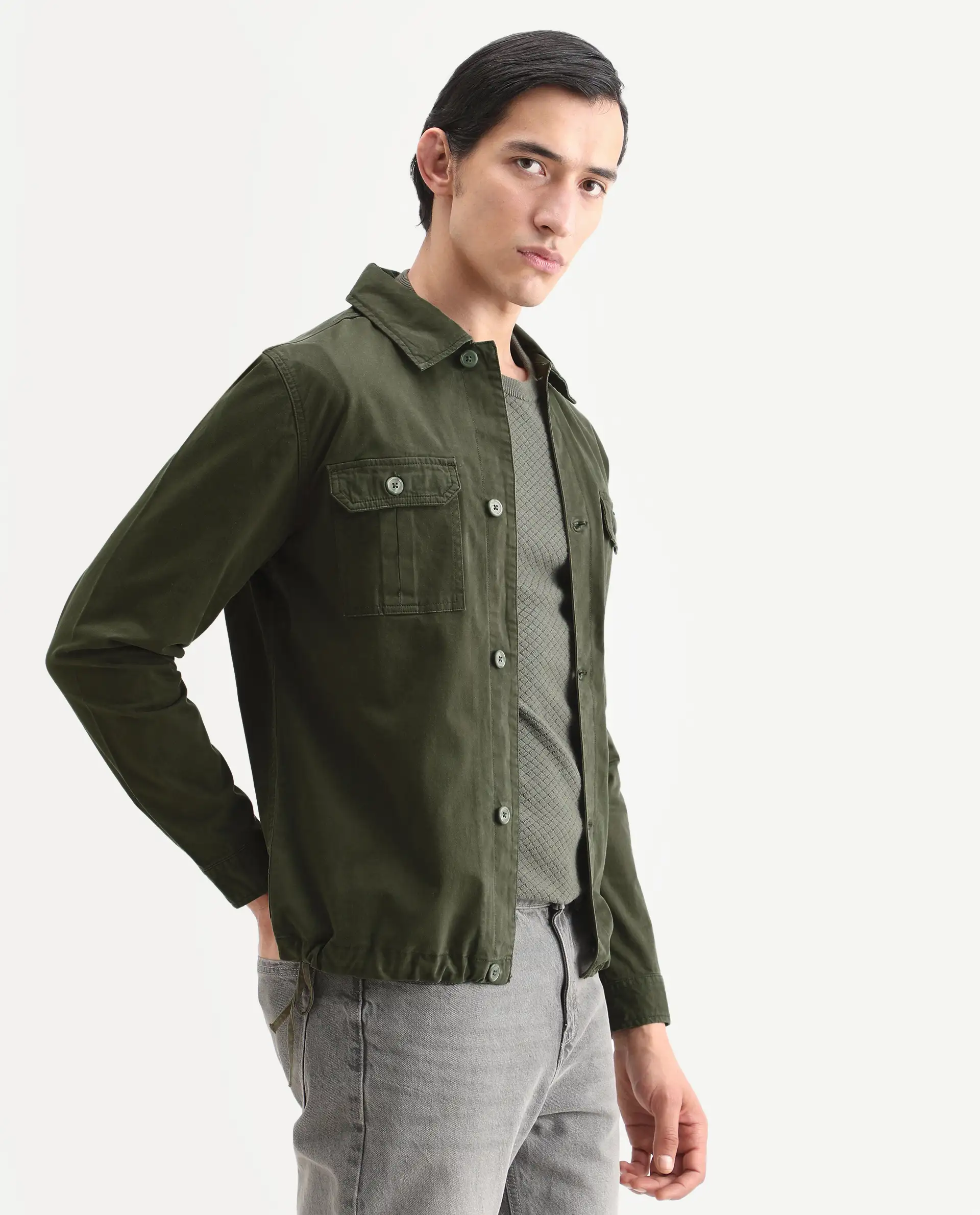 Rare Rabbit Men's Cedro Olive Cotton Plain Regular Fit Full Sleeve Spread Collar Jacket - Image 7