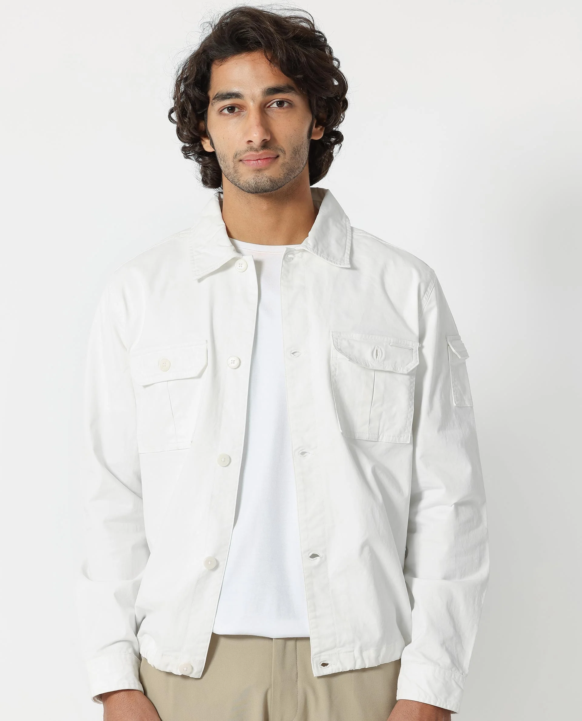 Rare Rabbit Men's Cedro White Cotton Plain Regular Fit Full Sleeve Spread Collar Jacket