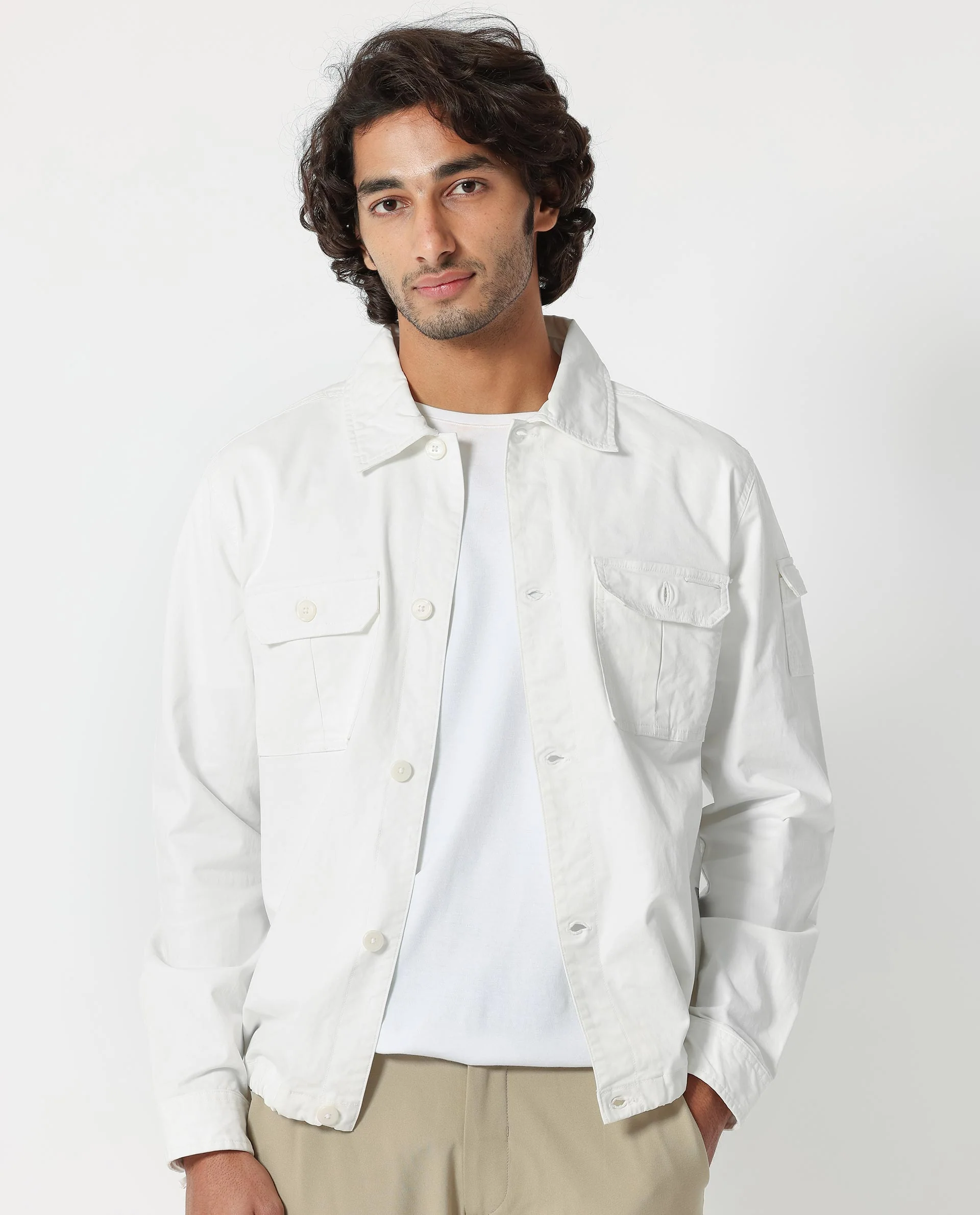 Rare Rabbit Men's Cedro White Cotton Plain Regular Fit Full Sleeve Spread Collar Jacket - Image 3