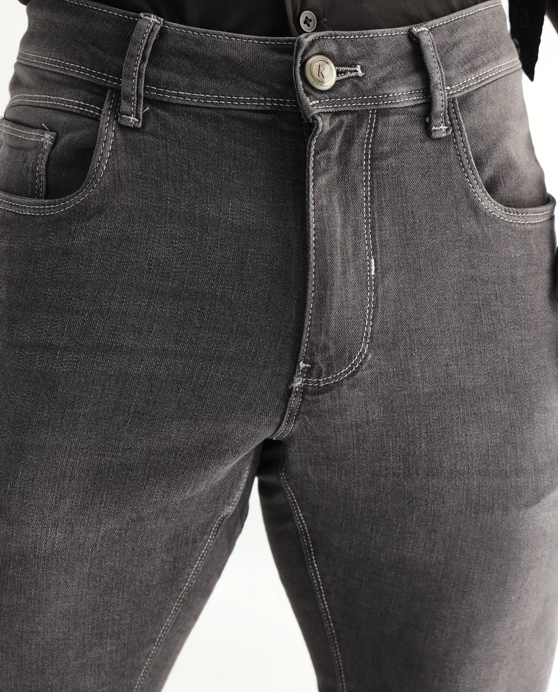 Rare Rabbit Men's Celebi Grey Cotton Plain Hawk Slim Fit Jeans - Image 2